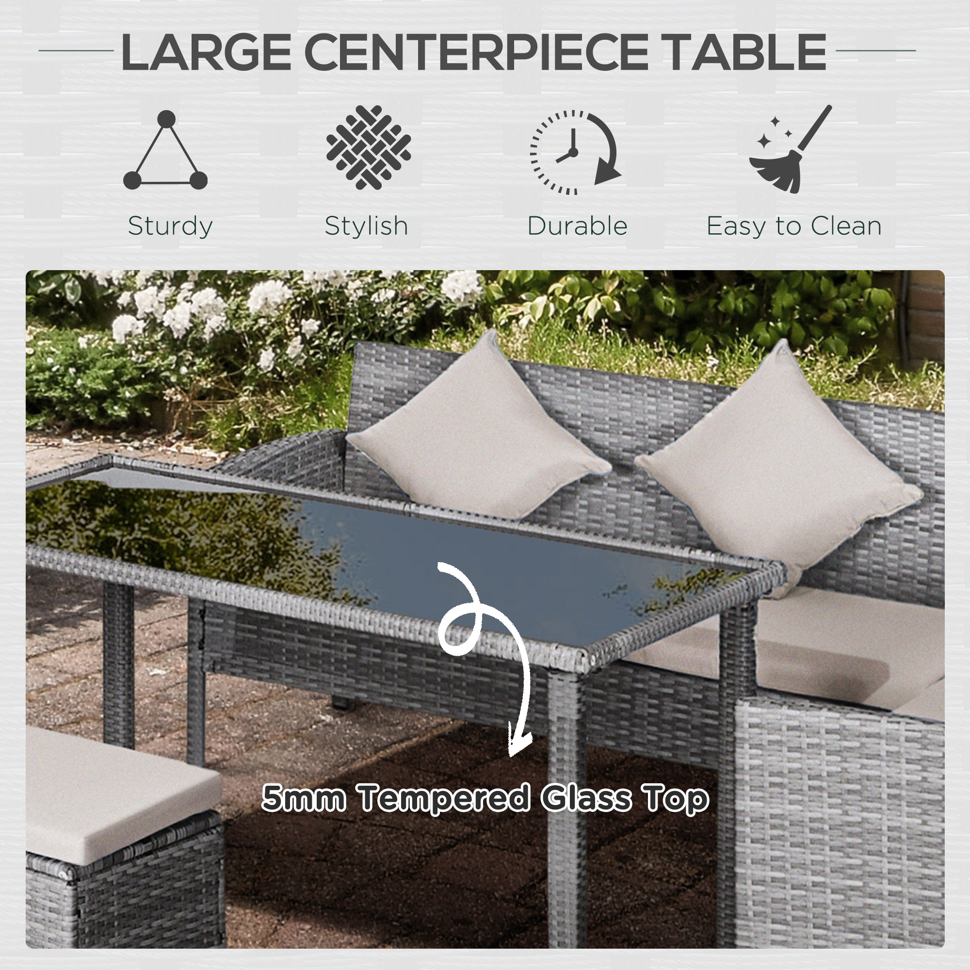 Outsunny 6-Seater Rattan Dining Set Sofa Table Footstool Outdoor w/ Cushion Garden Furniture 7