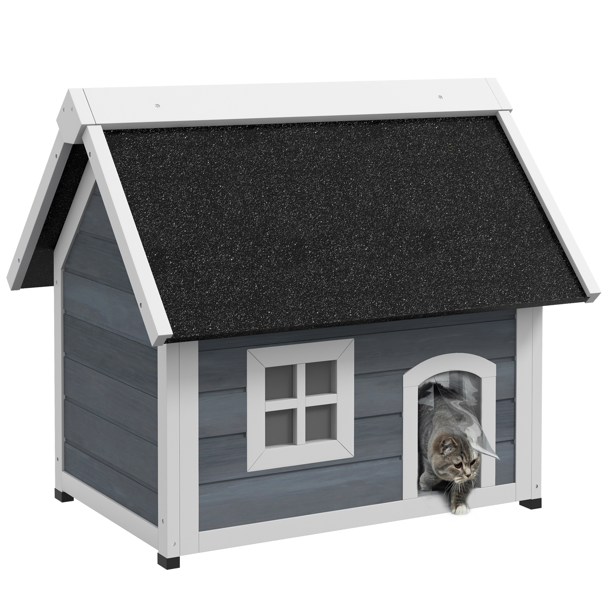 PawHut Casa para Gatos de Madera con Techo Asfáltico Abatible 3 Puertas Ventana para Exterior 77x57,5x68 cm Gris y Negro