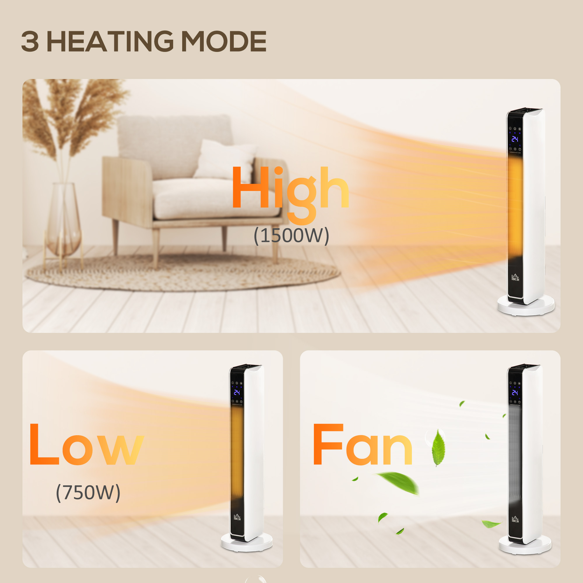 HOMCOM 1100W/2200W Space Heater with 65° Oscillation & 8-Hour Timer and Overheat & Tip Over Protection, Room Heater with 2 Heat and Fan for Bedroom, 29 inch 9
