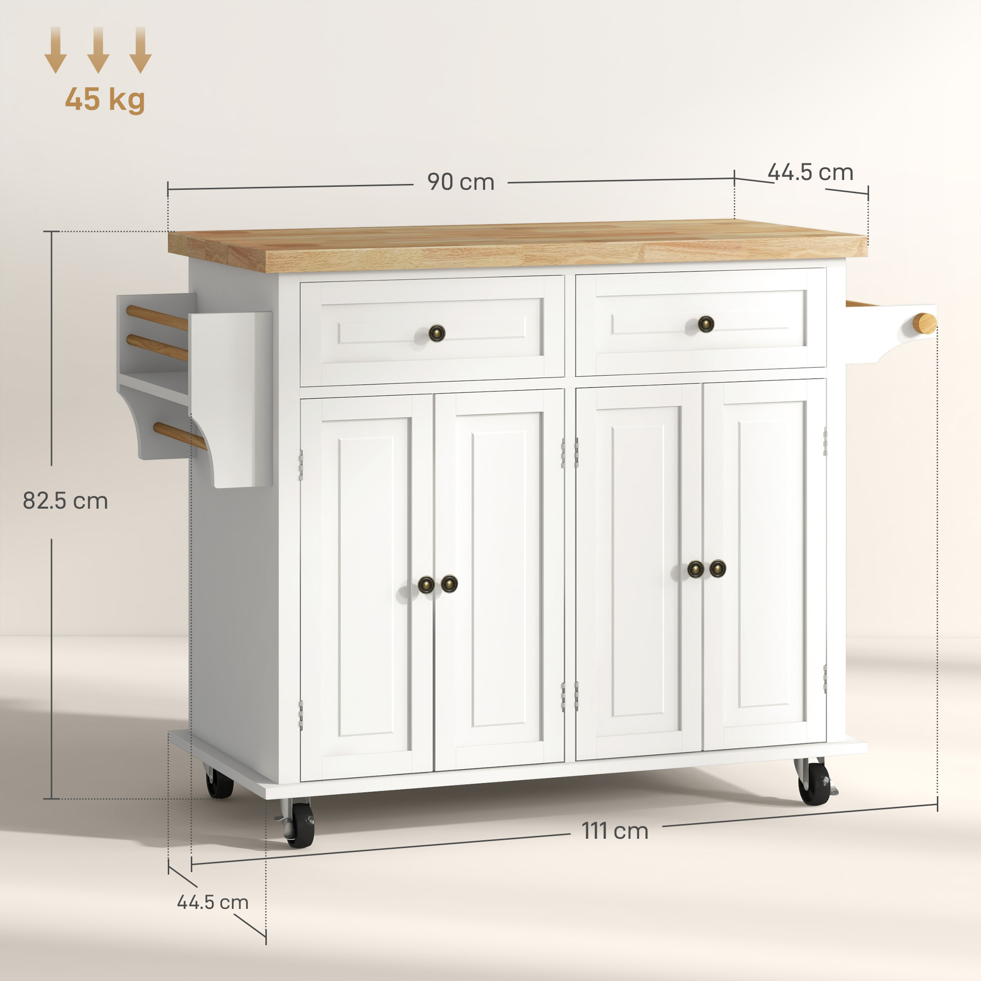 HOMCOM Rolling Kitchen Island Storage Trolley with Rubber Wood Top & Drawers for Dining Room, Cream White 3