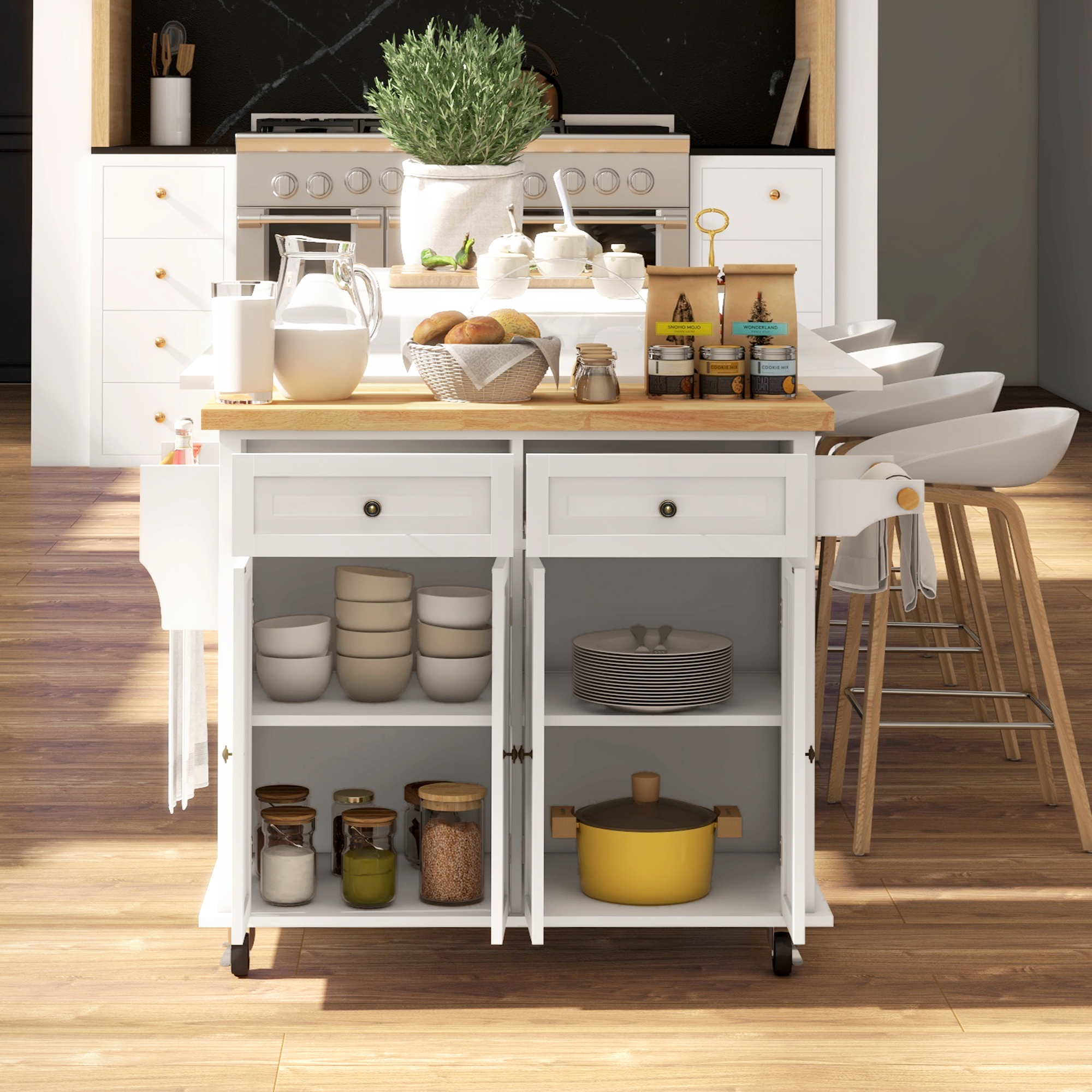 HOMCOM Rolling Kitchen Island Storage Trolley with Rubber Wood Top & Drawers for Dining Room, Cream White 8