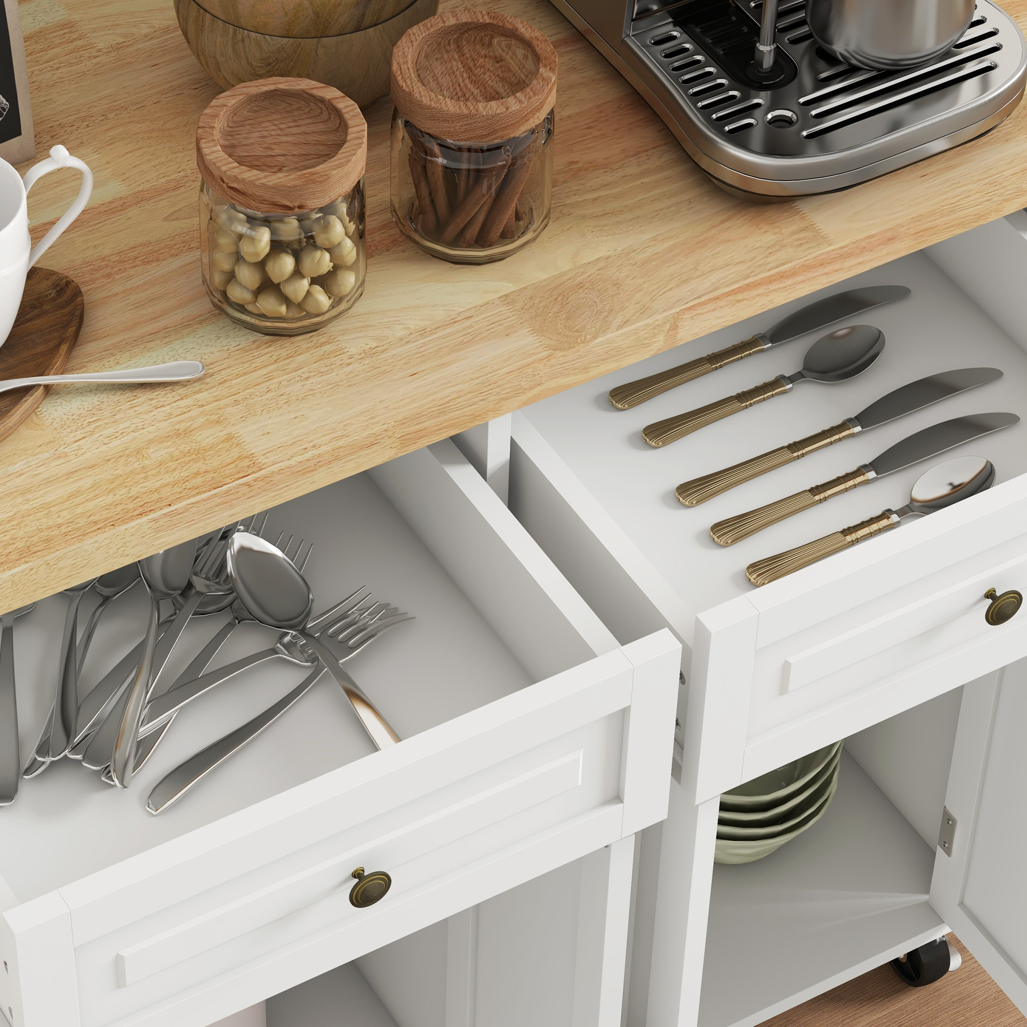 HOMCOM Rolling Kitchen Island Storage Trolley with Rubber Wood Top & Drawers for Dining Room, Cream White 9