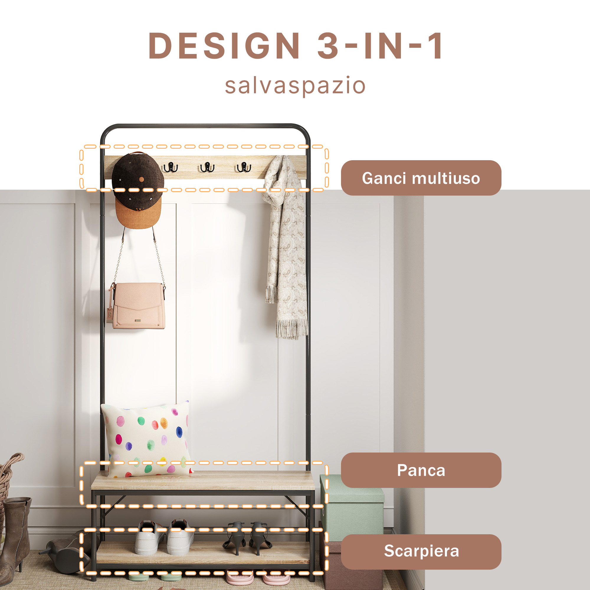 Appendiabiti HOOBRO Con Scarpiera - 3 Ripiani, 8 Ganci, Stile Industriale, Marrone E Nero - Foto 8