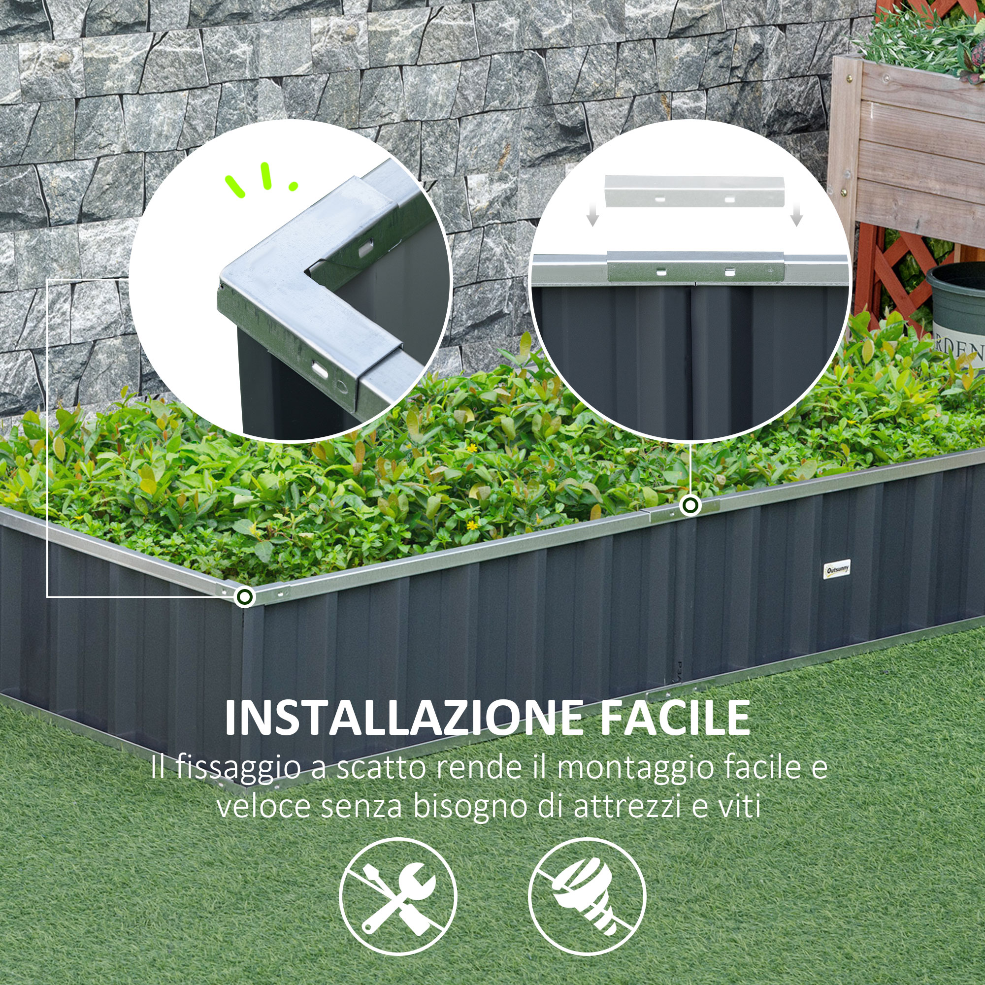 Letto Rialzato Per Orto Outsunny - Acciaio Grigio 174x90x30cm, Fondo Aperto Regolabile - Foto 7