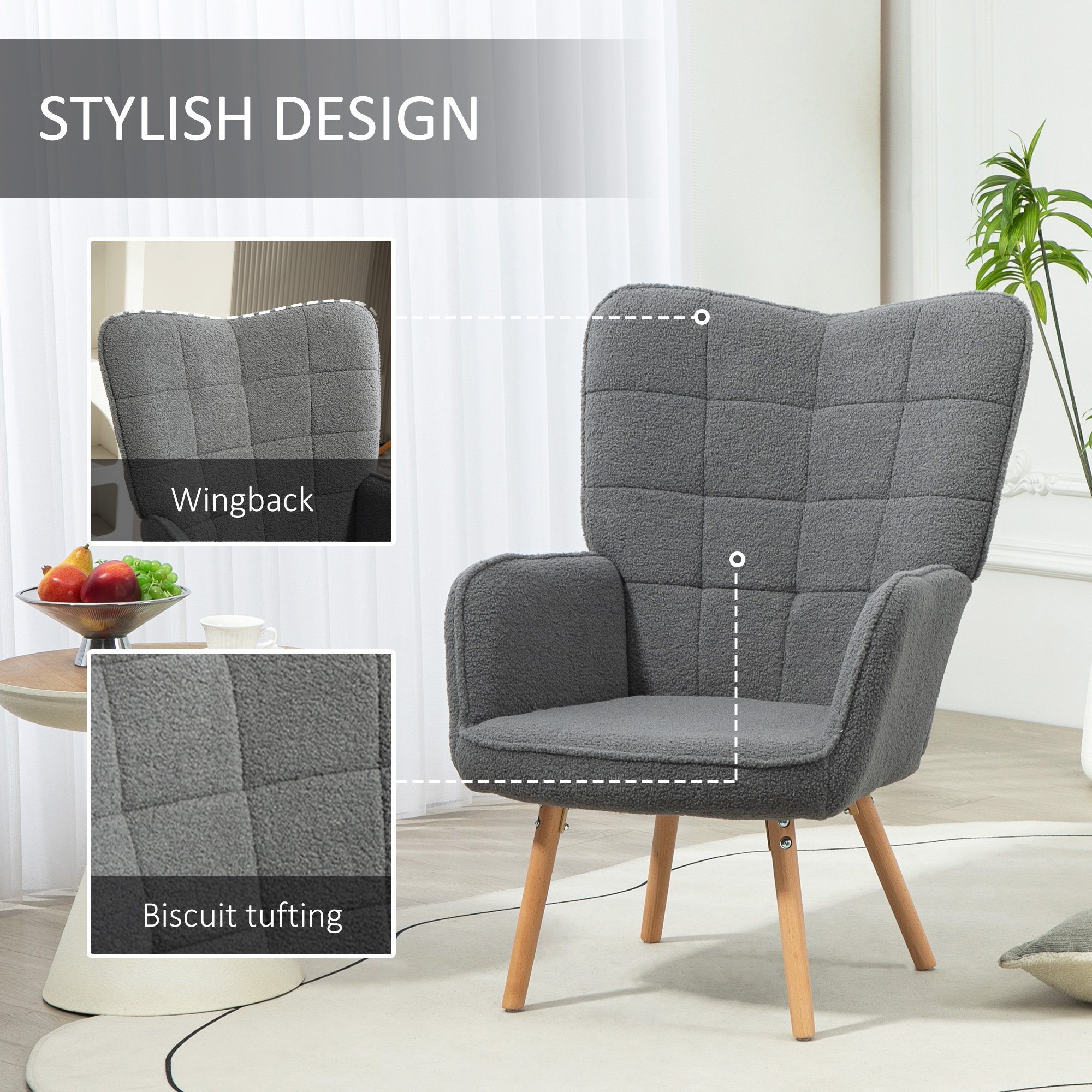 HOMCOM Teddy Fleece Wingback Accent Chair Grey 5