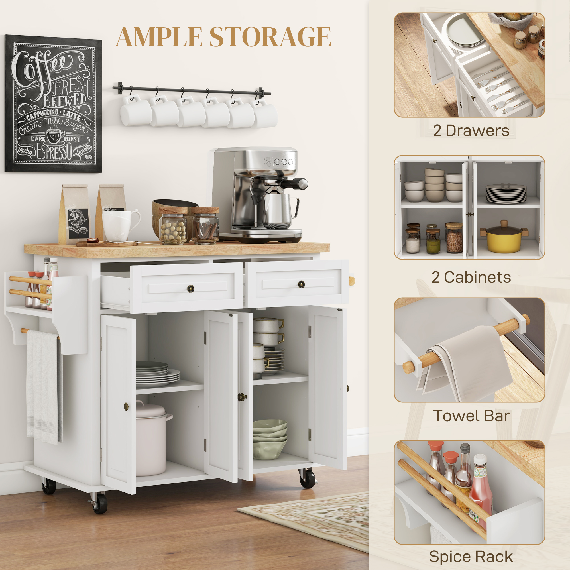 HOMCOM Rolling Kitchen Island Storage Trolley with Rubber Wood Top & Drawers for Dining Room, Cream White 6