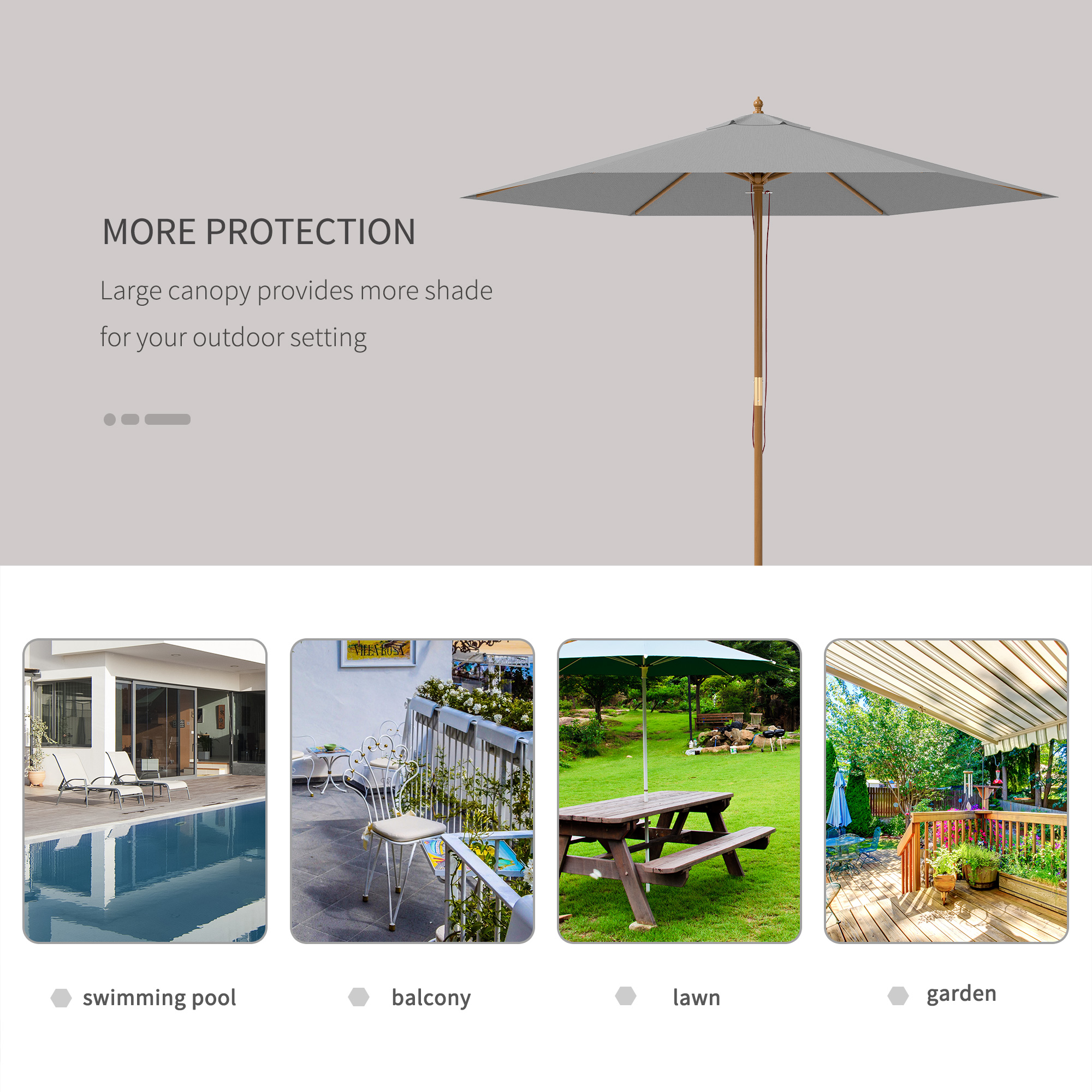 Outsunny 2.5m Wood Garden Parasol Sun Shade Patio Outdoor Wooden Umbrella Canopy, Table Market Umbrella with Vent, 38mm Pole, Rope Pulley Mechanism, Light Grey 6