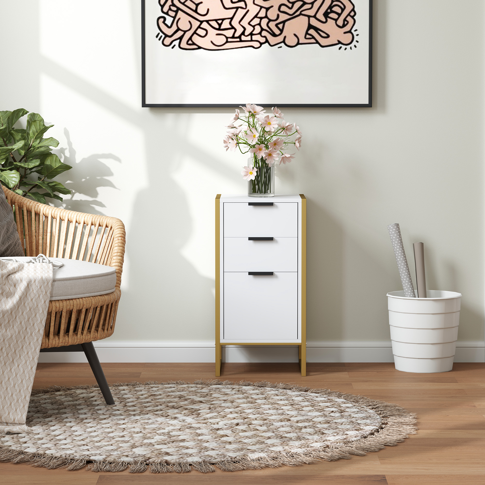 HOMCOM Bedroom Chest of Drawers, Industrial 3-Drawer Dresser, Storage Drawers Unit with Metal Frame for Living Room, White 7