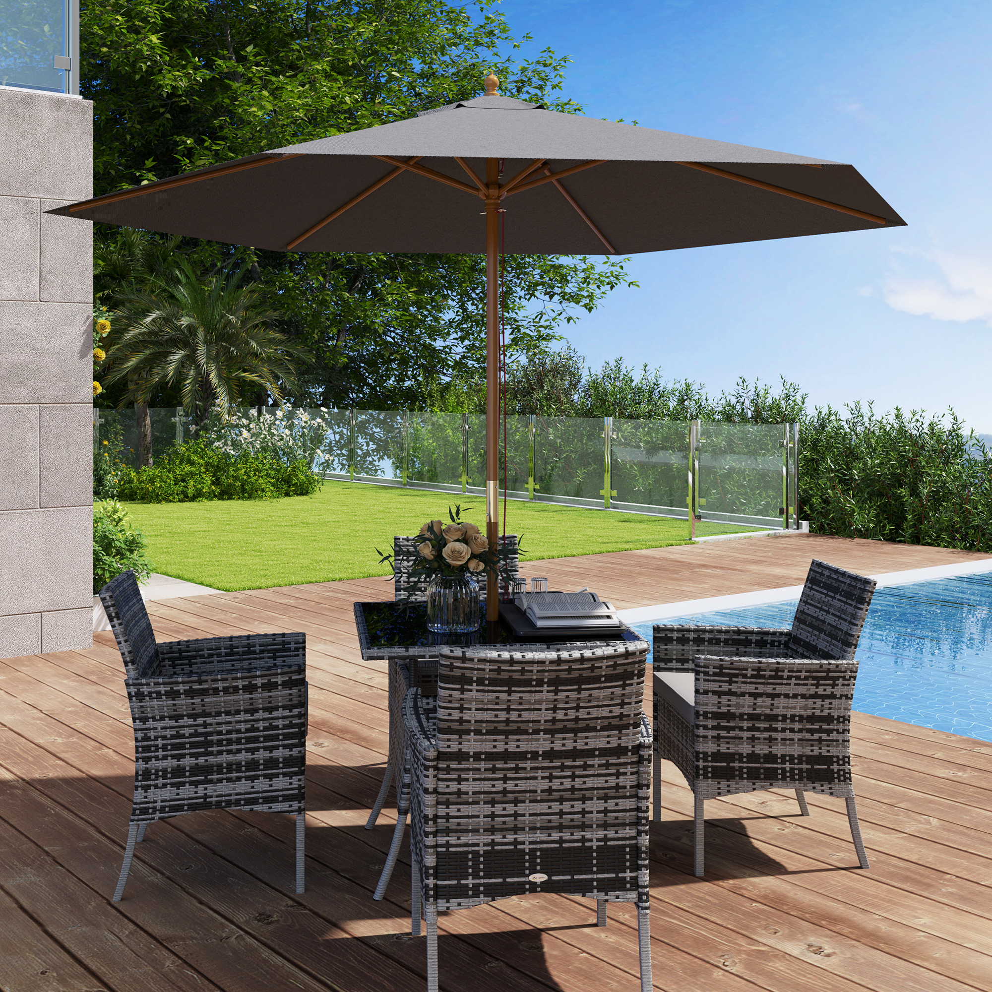Outsunny 2.5m Wood Garden Parasol Sun Shade Patio Outdoor Wooden Umbrella Canopy, Table Market Umbrella with Vent, 38mm Pole, Rope Pulley Mechanism, Light Grey 9