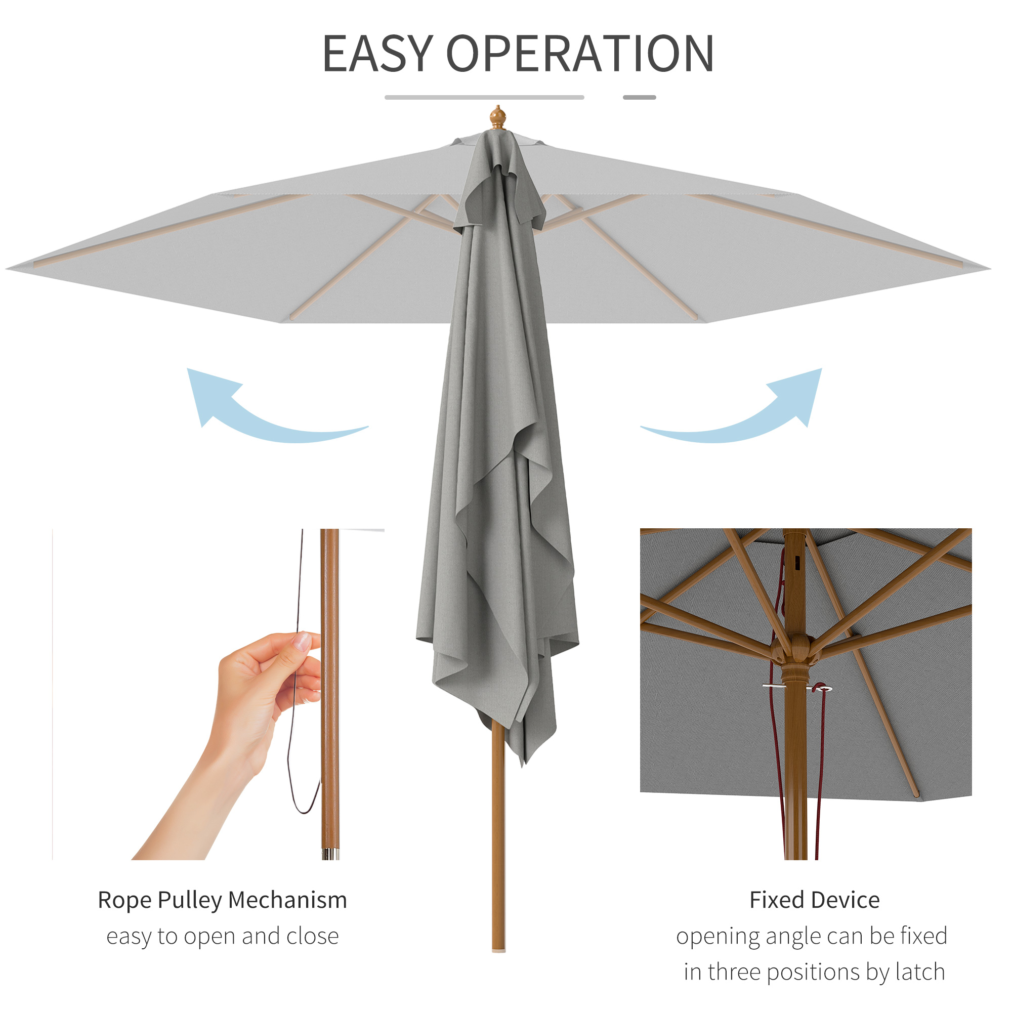 Outsunny 2.5m Wood Garden Parasol Sun Shade Patio Outdoor Wooden Umbrella Canopy, Table Market Umbrella with Vent, 38mm Pole, Rope Pulley Mechanism, Light Grey 5