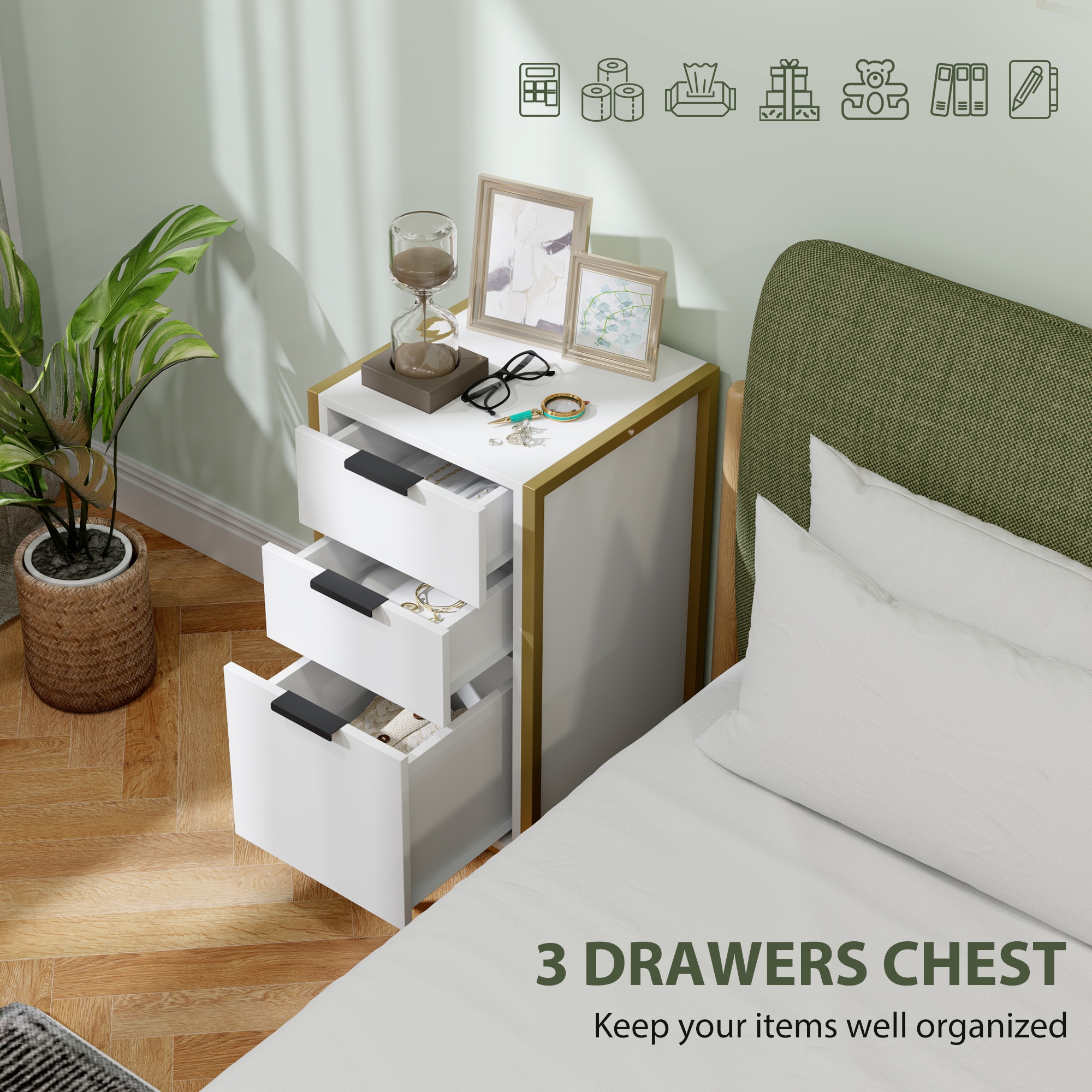 HOMCOM Bedroom Chest of Drawers, Industrial 3-Drawer Dresser, Storage Drawers Unit with Metal Frame for Living Room, White 4
