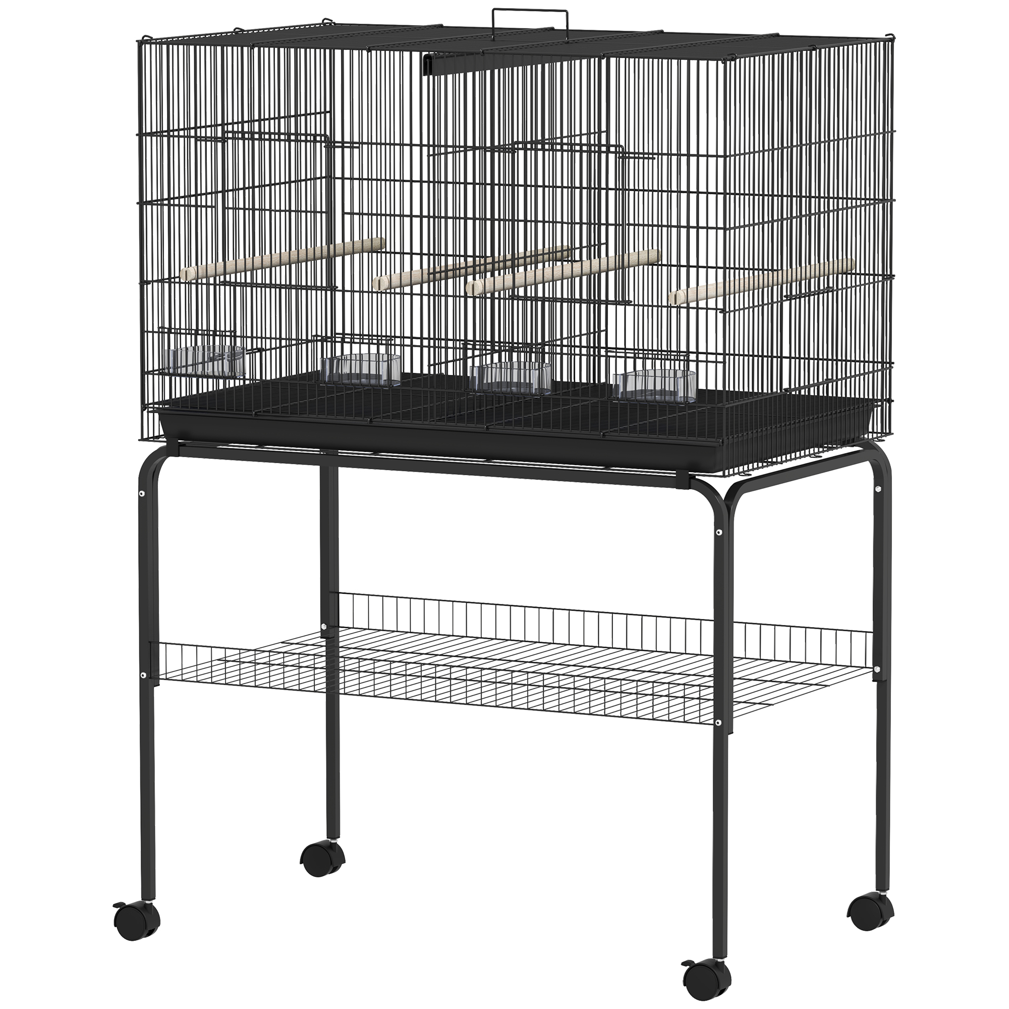 PawHut Jaula para Pájaros con Divisor Comederos Bandeja Extraíble y Soporte para Canarios y Periquitos 94x57x57/128 cm Negro