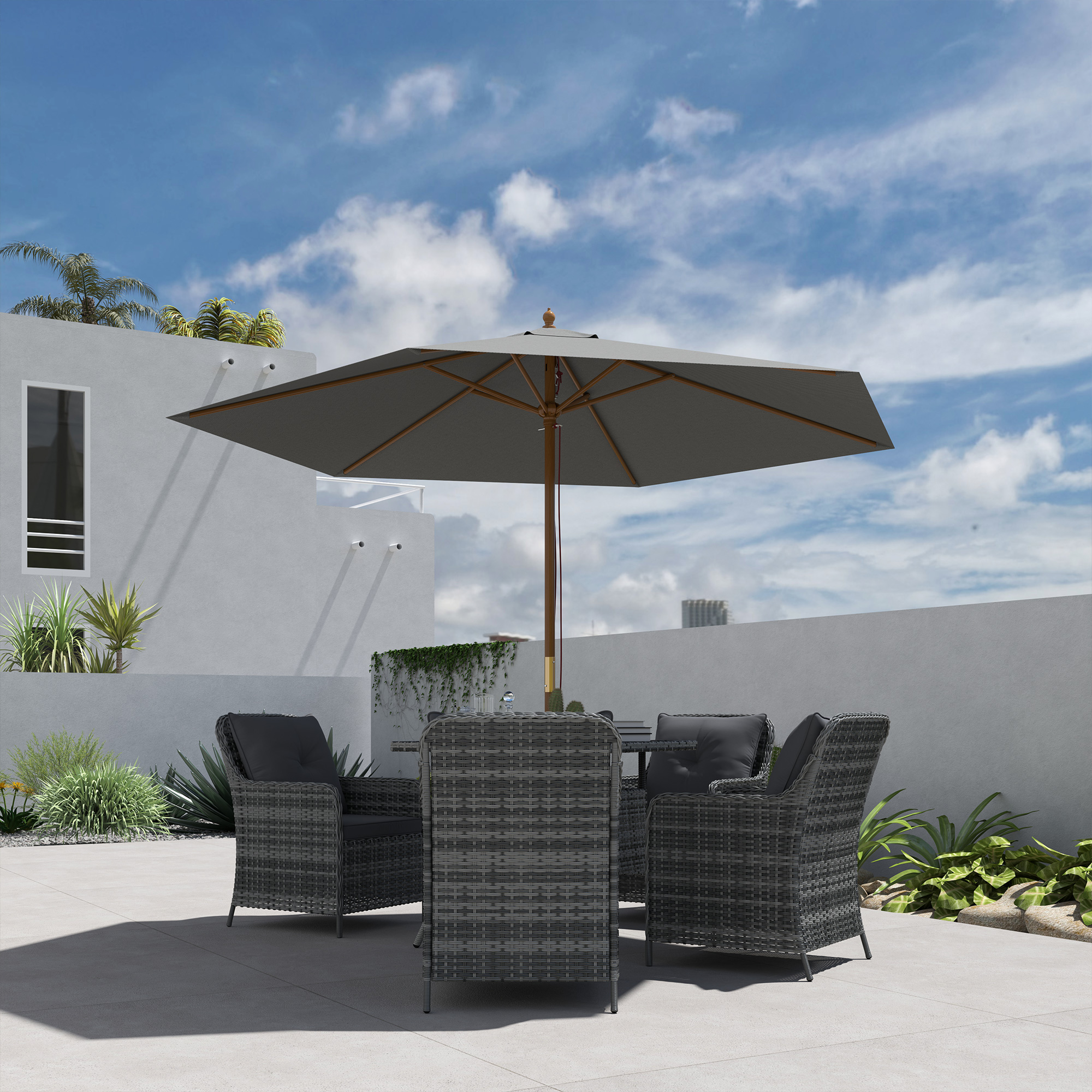 Outsunny 2.5m Wood Garden Parasol Sun Shade Patio Outdoor Wooden Umbrella Canopy, Table Market Umbrella with Vent, 38mm Pole, Rope Pulley Mechanism, Light Grey 7