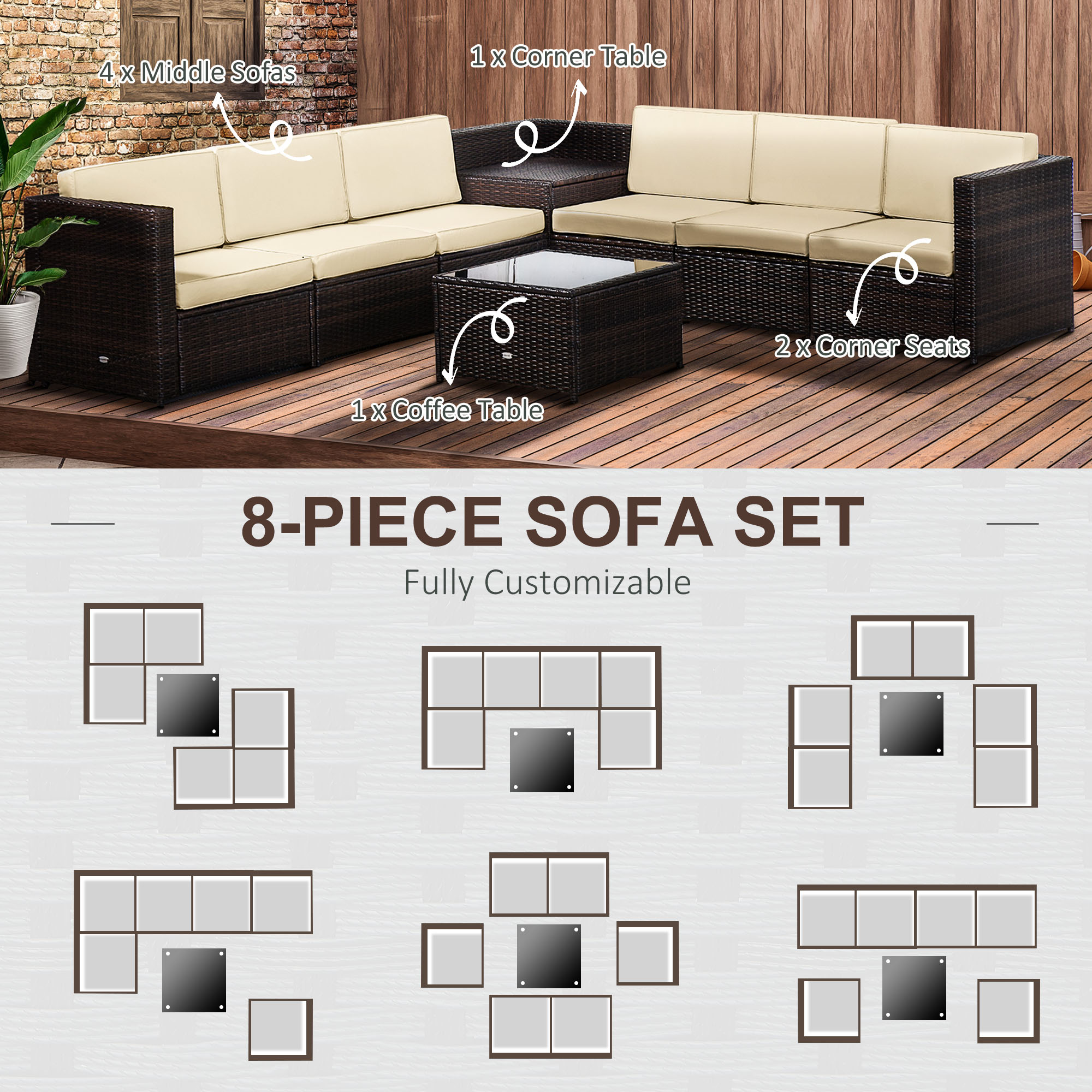 Outsunny 6-Seater Rattan Sofa Furniture Set W/Cushions, Steel Frame-Brown 6