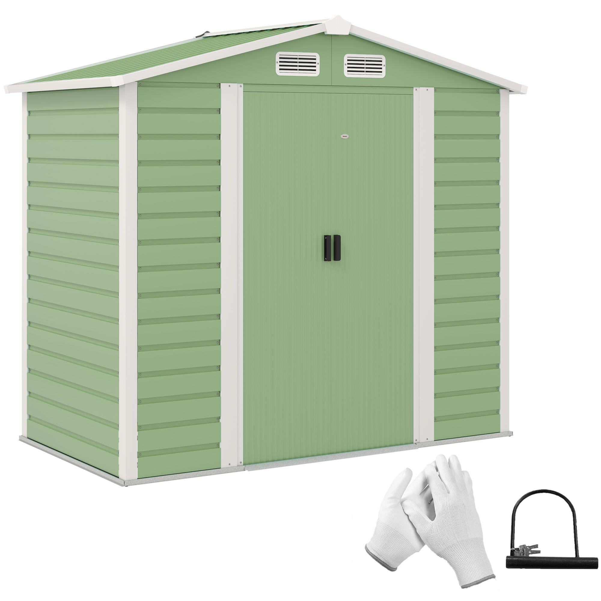 Outsunny Cobertizo Metálico para Jardín 213x120x166/194 cm con Base Refuerzo Puertas Correderas y Ventilaciones Verde Claro