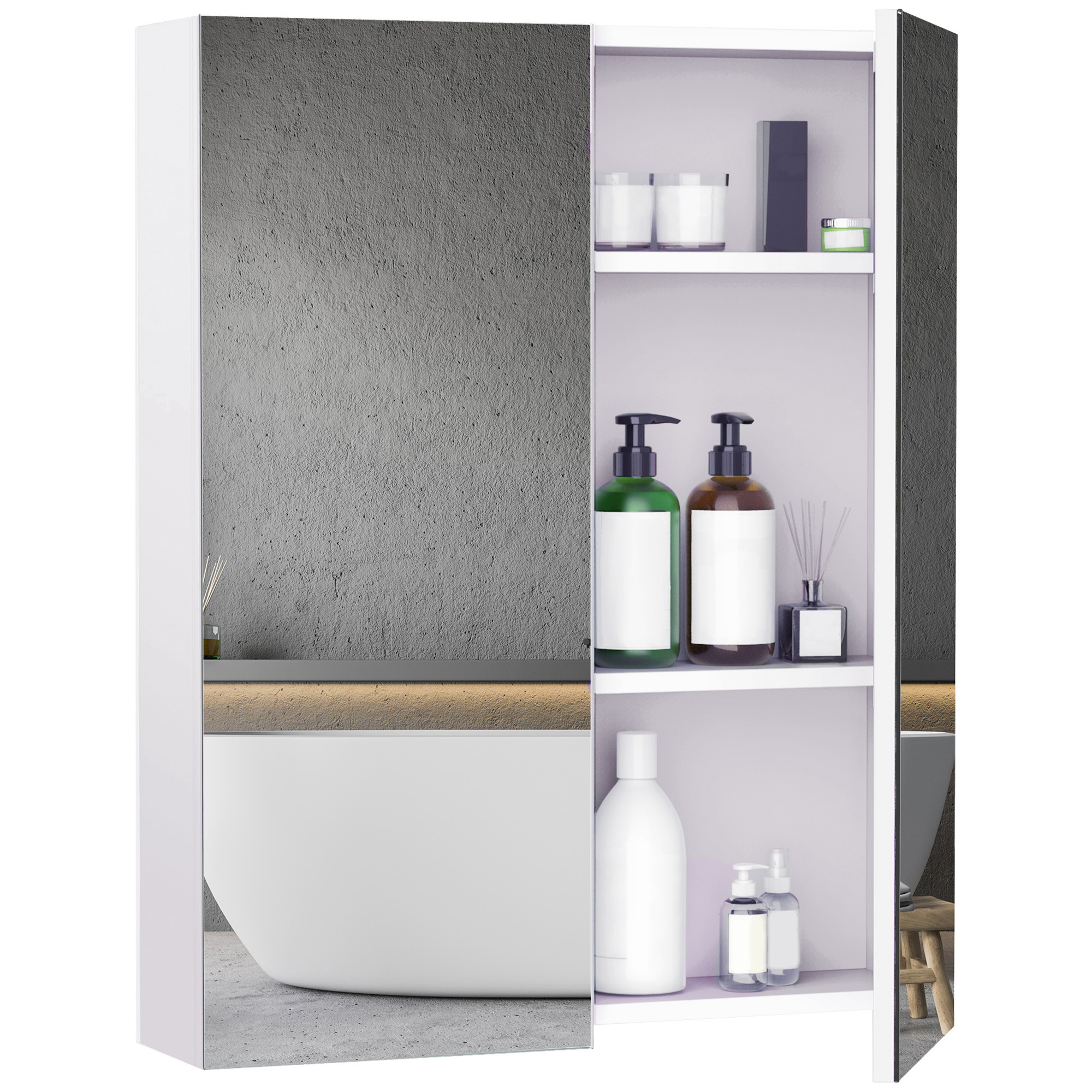 Armoire à Miroir HOMCOM Blanche - Meuble Salle De Bain MDF Avec Fermeture Tampon Douce Et Rangement Optimisé