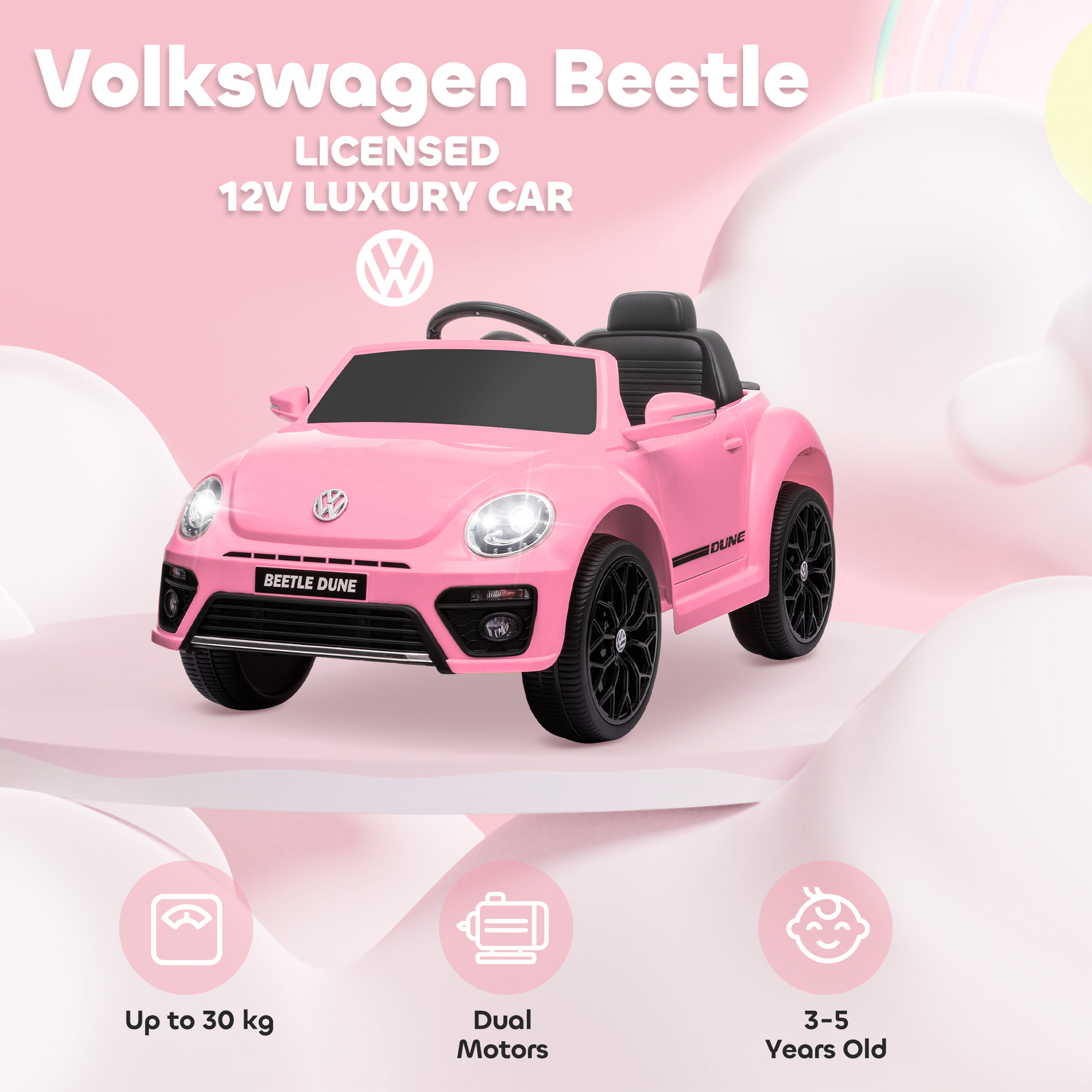 AIYAPLAY Volkswagen Beetle Licensed 12V Ride on Car w/ Remote Control, Suspension Wheels, Soft Start, Lights, Music, Pink 4
