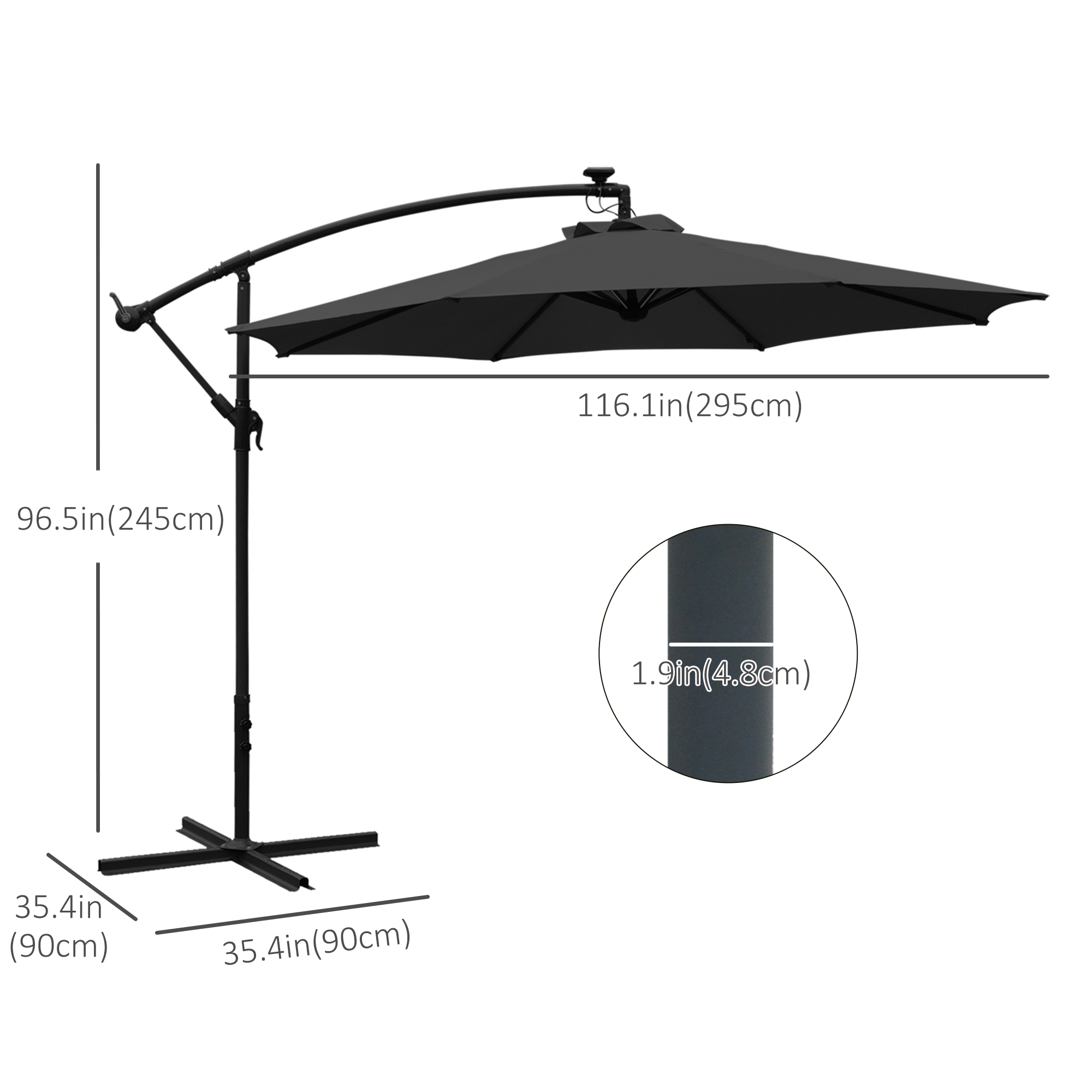 Outsunny 3m LED Patio Banana Umbrella Cantilever Parasol w/ Crank Cross Base Hanging Offset Umbrella Frame Steel  Aluminium Garden Table Outdoor Black 3