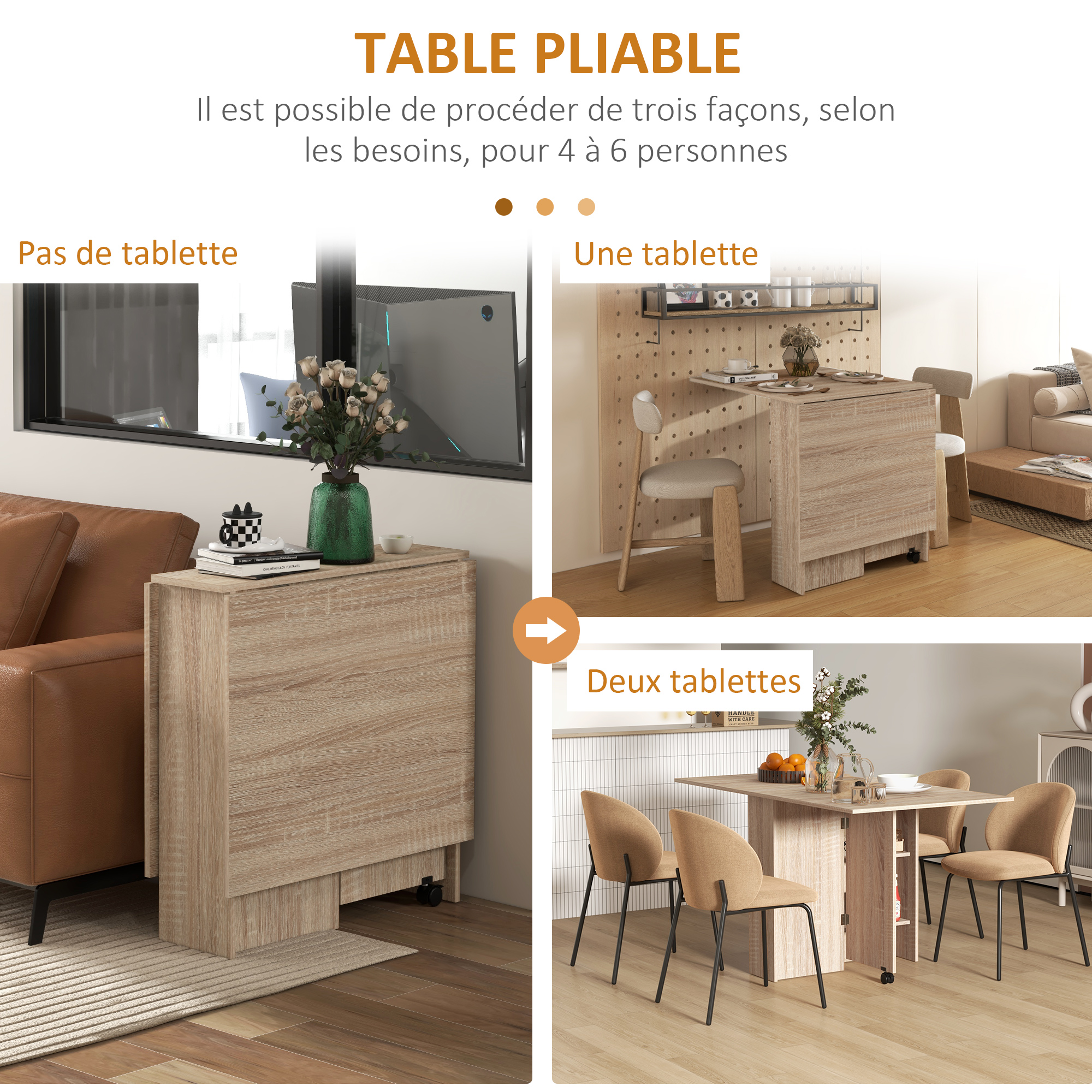 Table De Cuisine Extensible HOMCOM - Table Pliante Avec Roulettes Et étagère, Finition Bois