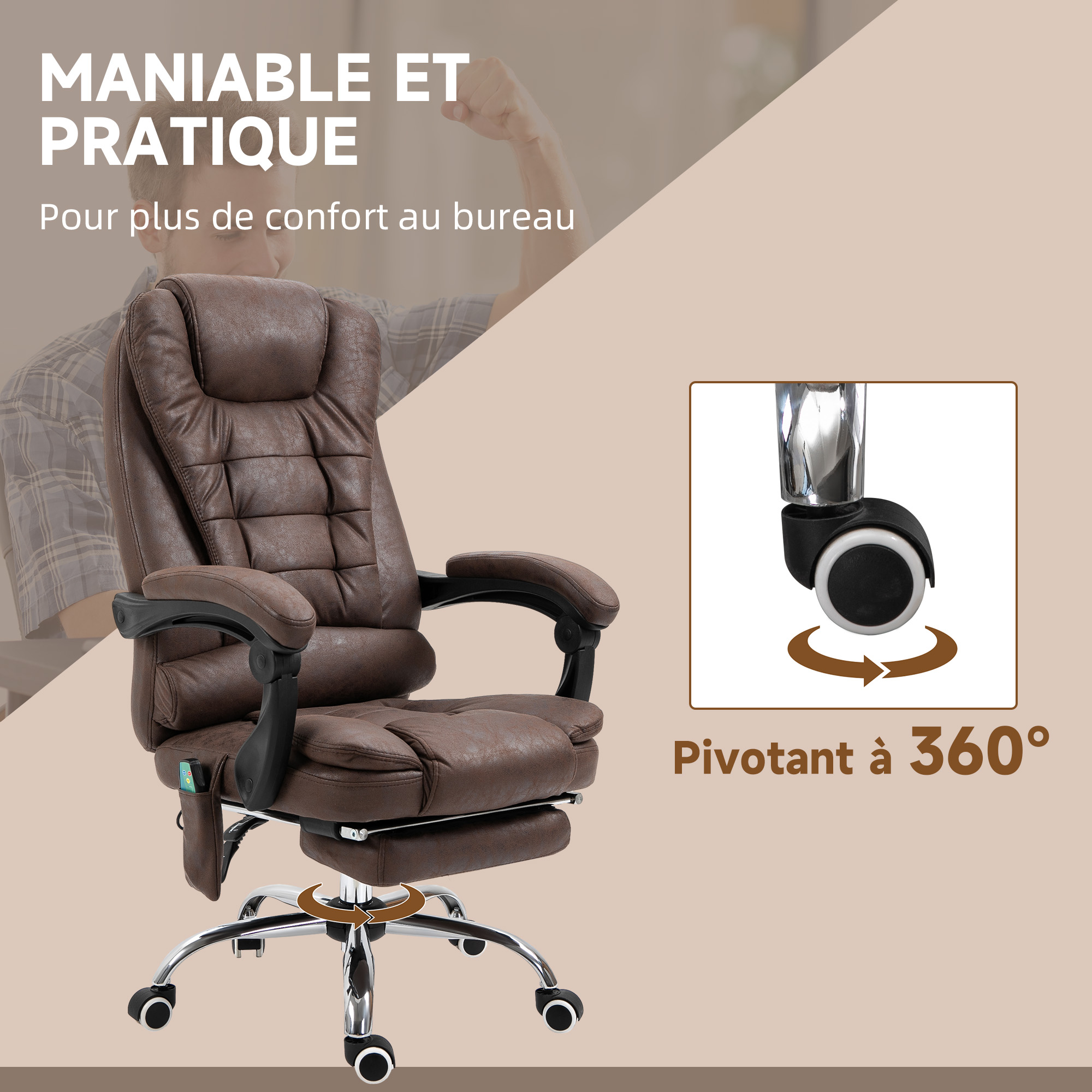 Fauteuil De Bureau Massant Et Chauffant Vinsetto - Dossier Inclinable, Repose-Pieds, Hauteur Réglable | Toile Marron