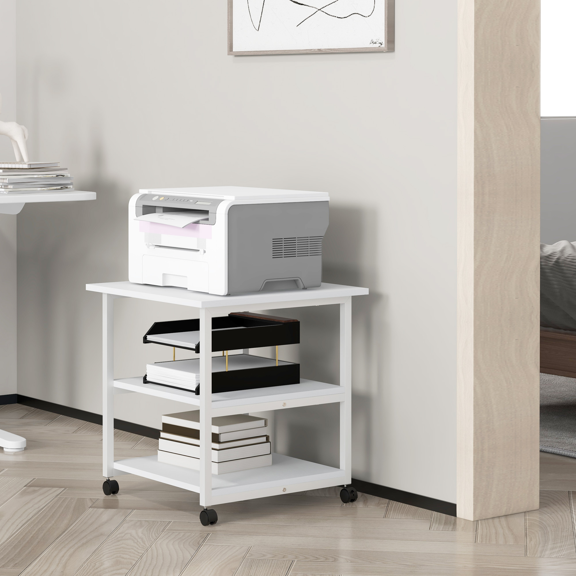 COSTWAY Chariot Imprimante 3 Niveaux Sur Roulettes 360° - Hauteur Réglable, Support Mobile Bureau (Blanc)