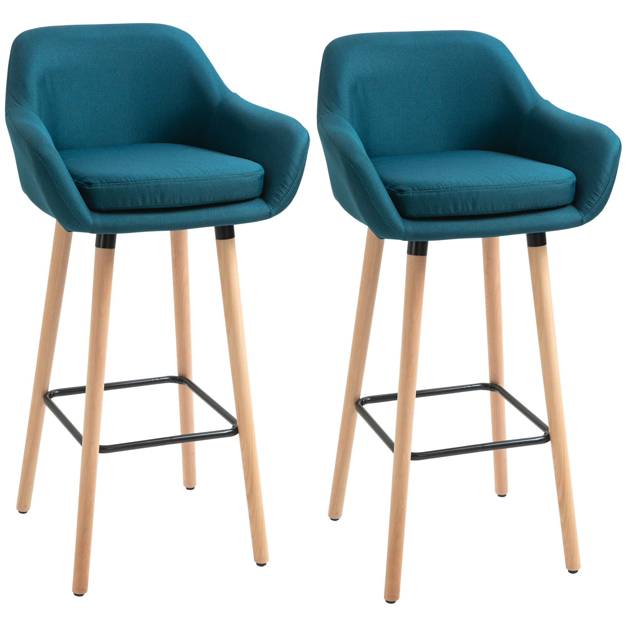 HOMCOM Tabourets de Bar Design scandinave - Lot de 2 tabourets de Bar Grand Confort avec Repose-Pieds et accoudoirs - Bois d'hévéa Lin bleu