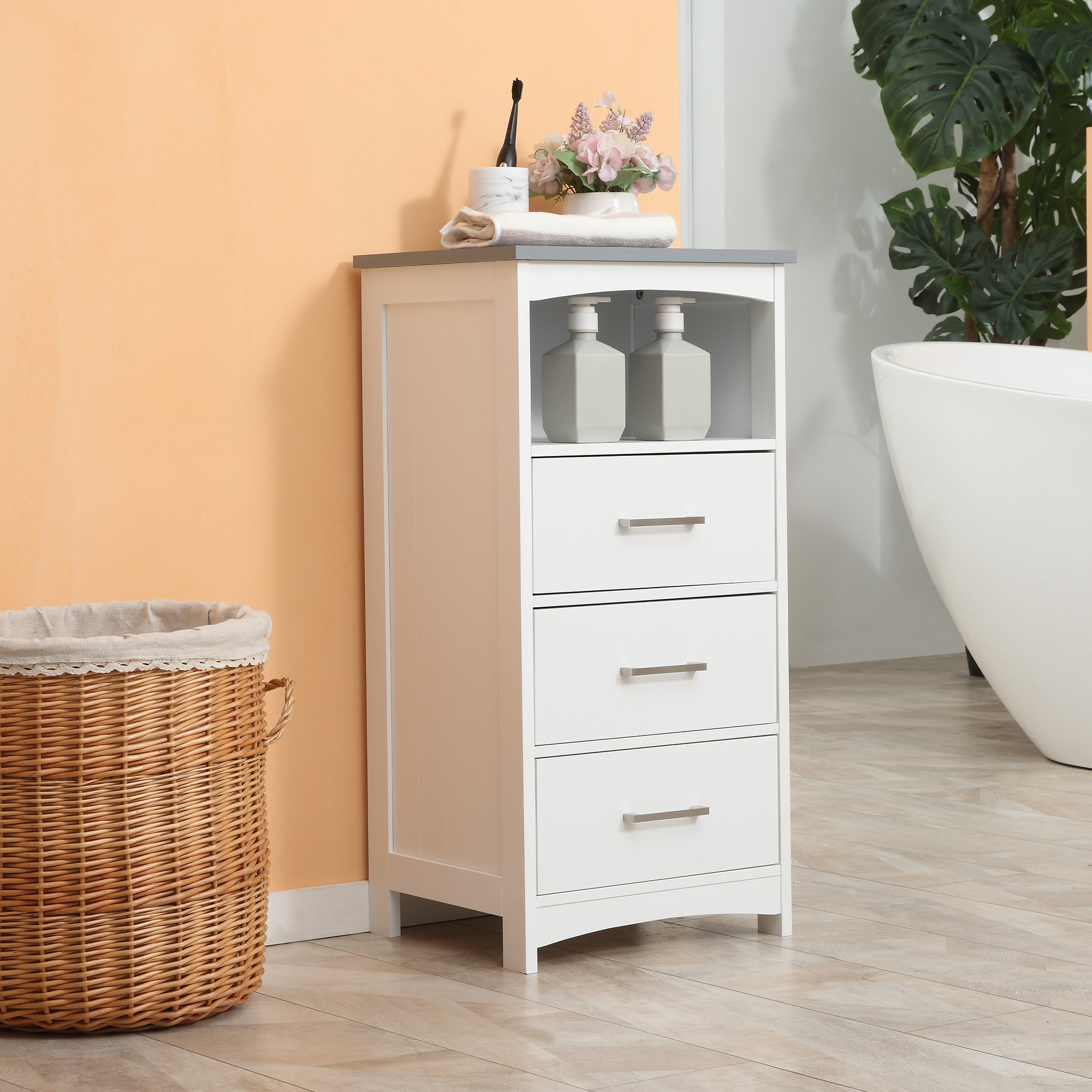 Meuble De Rangement Blanc 3 Niches 2 Portes - 180x60x29 Cm - En Panneau MDF, Pour Salle De Bain, Dressing, Couloir