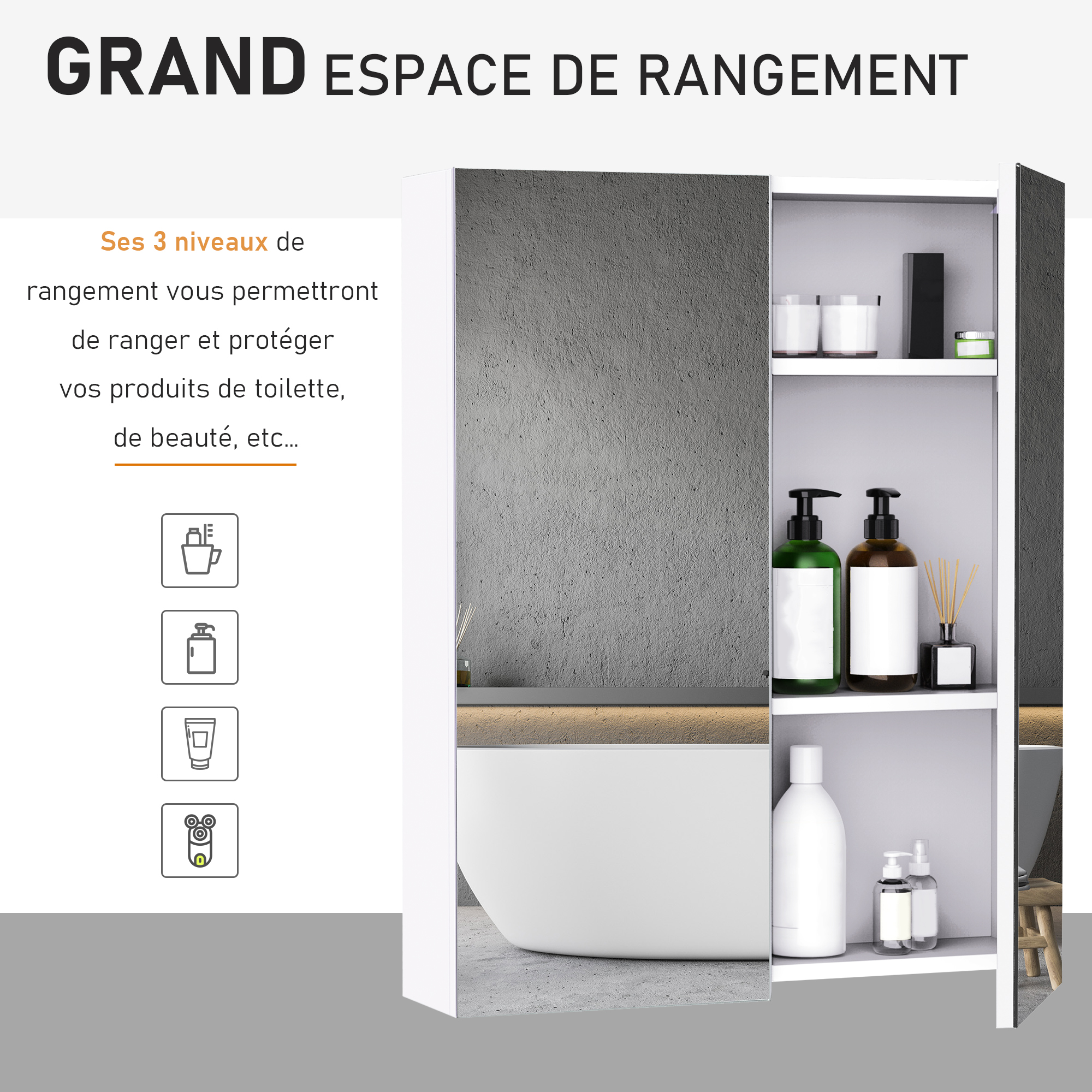 Armoire Salle De Bain 2 Portes Avec Miroir - HOMCOM 60x15x75 Cm - MDF Noir - 2 étagères Réglables - Suspendue - 6