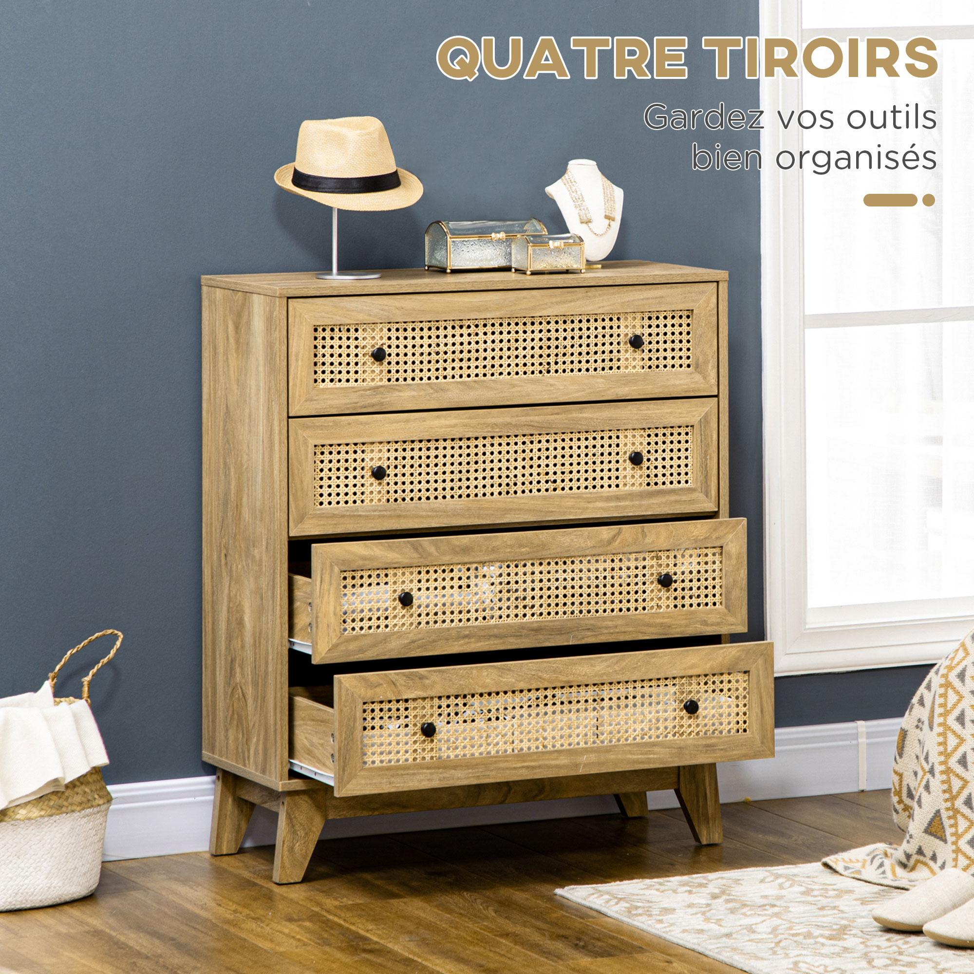 Commode 5 Tiroirs En Rotin Cannage - Dimensions 60x34x91 Cm, Bois Et MDF - Rangement Chambre, Salon, Bureau - 7