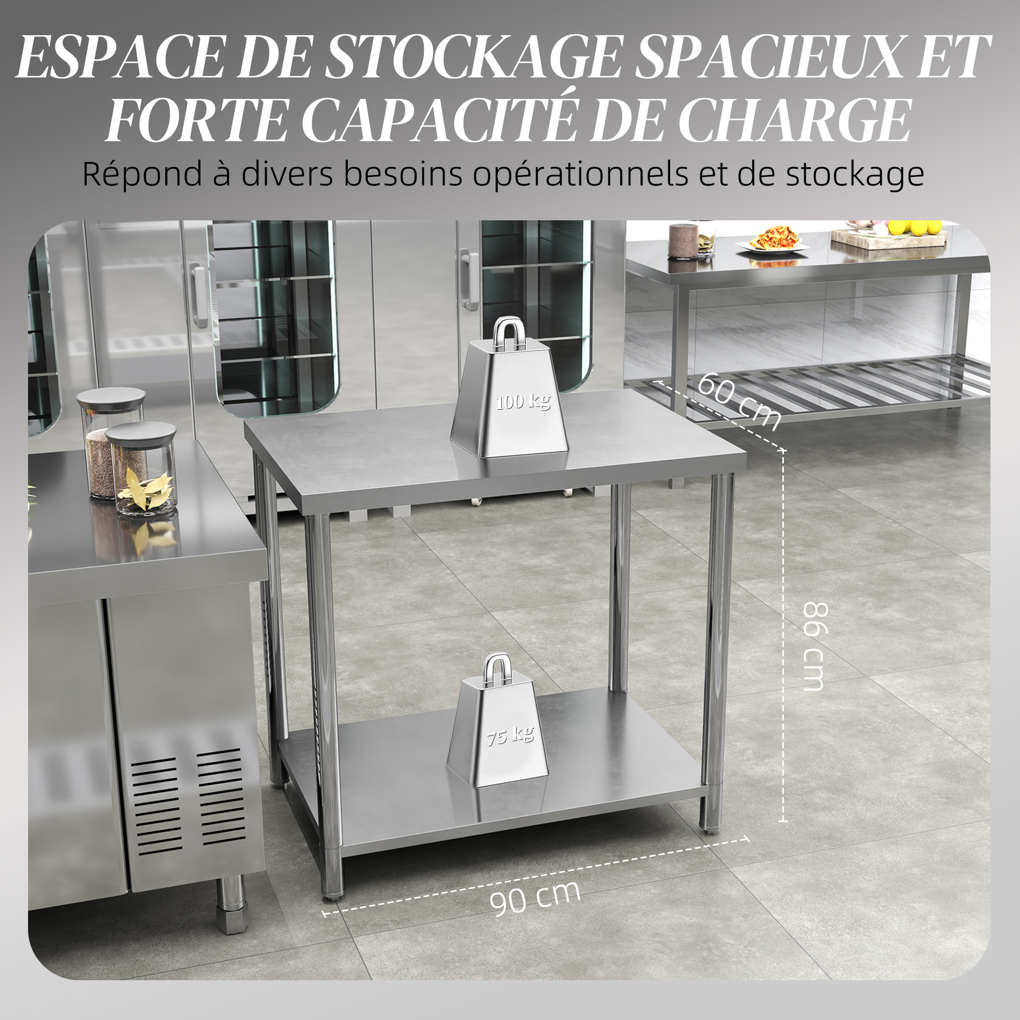 Homhougo Tables de travail en acier inoxydable H 34 po Homhougo