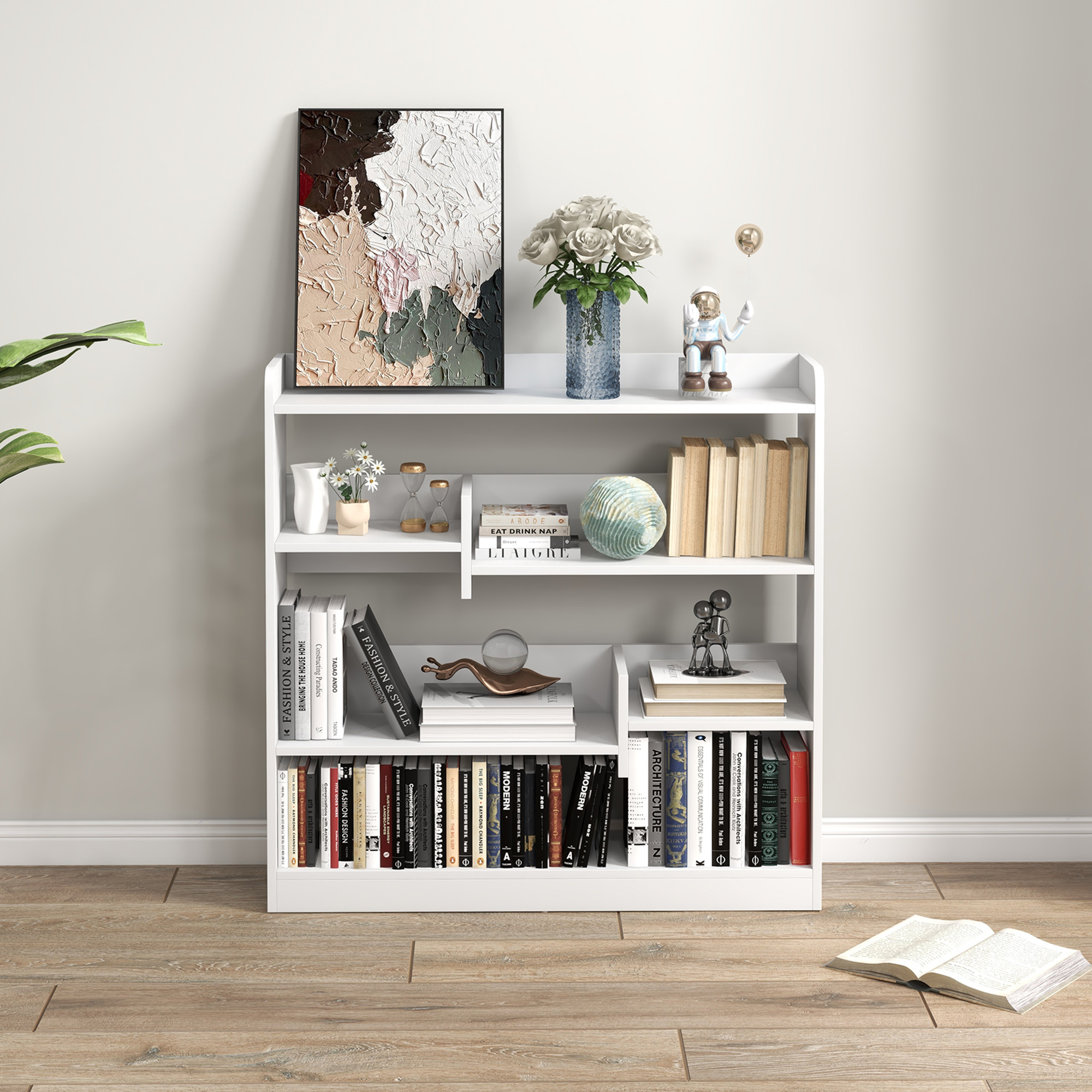 Bibliothèque En Forme D'échelle HOMCOM – 60x40x171 Cm, 3 étagères + Armoire, Chêne Et Blanc, Style Nordique - 11