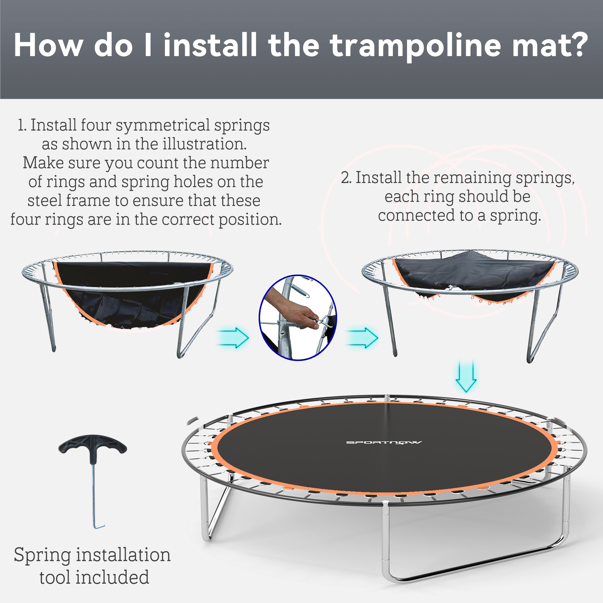 SPORTNOW Trampoline Replacement Mat with Spring Pull Tool, 42 V-Hooks, for 8ft Trampoline using 14cm Springs, Orange 6