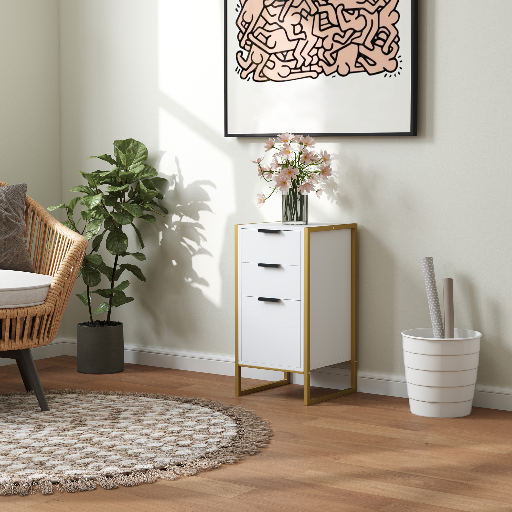 HOMCOM Bedroom Chest of Drawers, Industrial 3-Drawer Dresser, Storage Drawers Unit with Metal Frame for Living Room, White 8