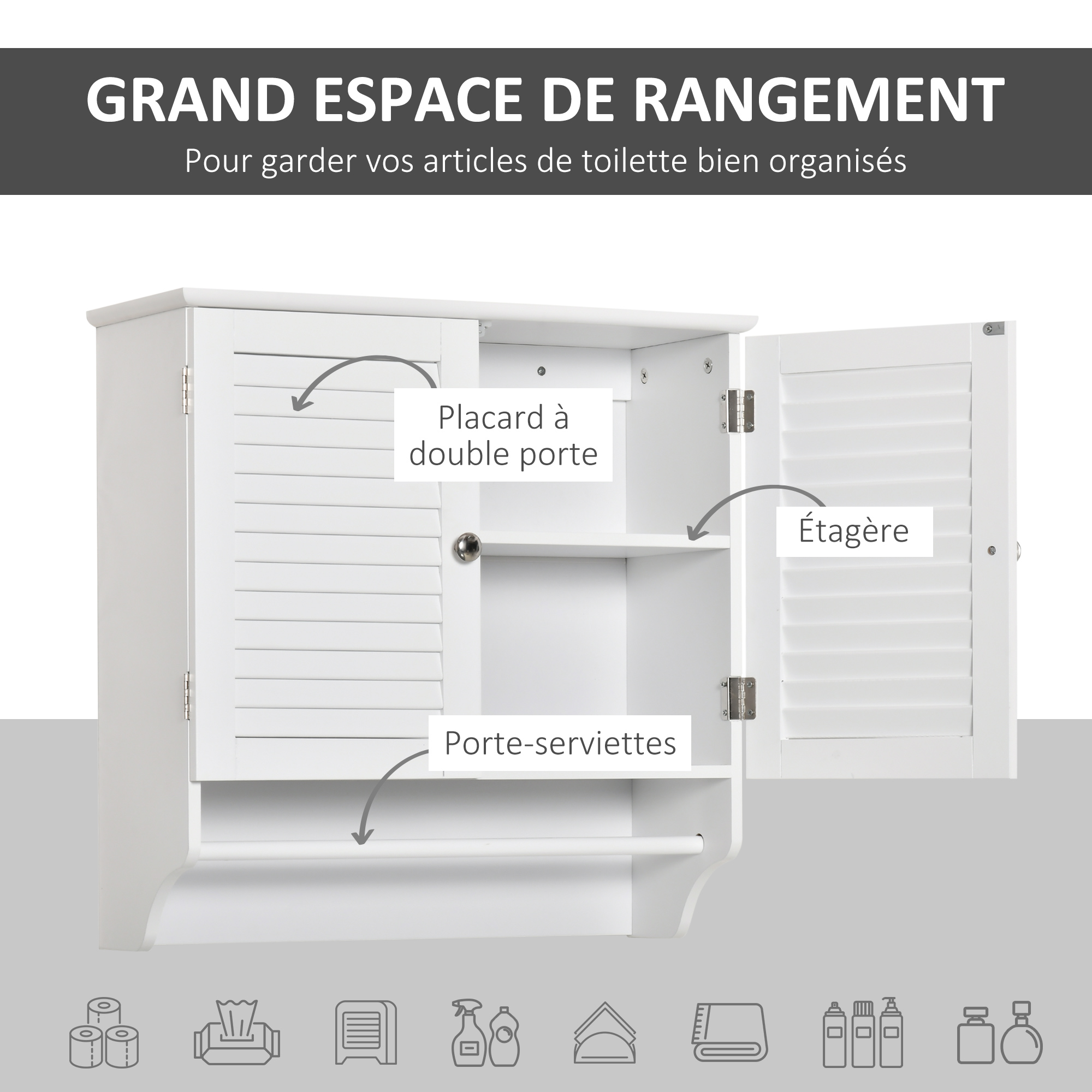 Armoire Murale Salle De Bain Kleankin - Meuble Rangement Suspendu Avec Étages Réglables Blanc