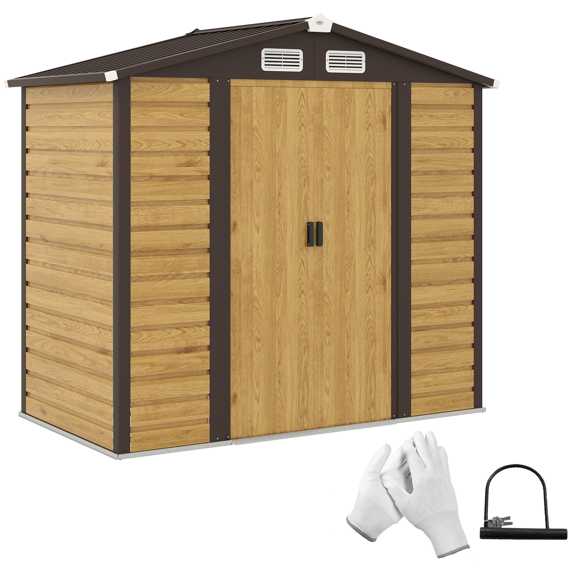 Outsunny Cobertizo Metálico para Jardín 213x120x166/194 cm con Base Refuerzo Puertas Correderas y Ventilaciones Roble