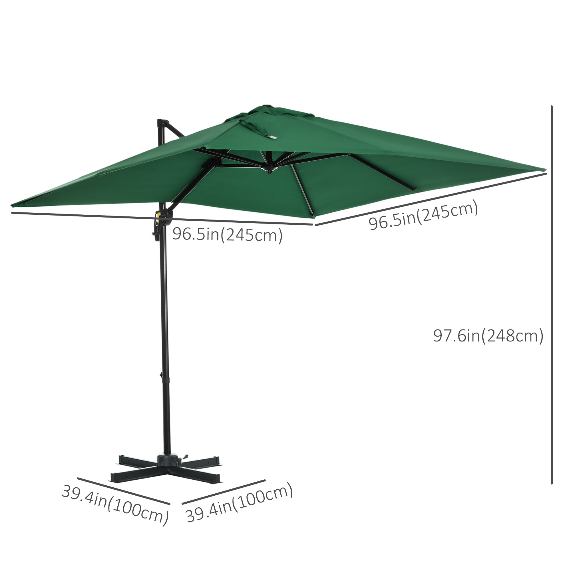 Outsunny Square Umbrella Parasol W/360° Rotation, 245Lx245Wx248H cm-Green 3