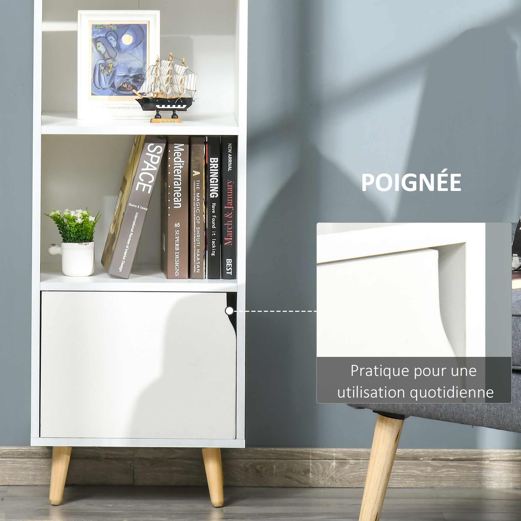 Komto Bibliothèque Étagère Rangement – Meuble Blanc Colonne à 3 Niveaux pour Livres, Bibliothèque pour Salon, Chambre ou Bureau | Lumo 80 x 90 x 24 cm (L x H x P
