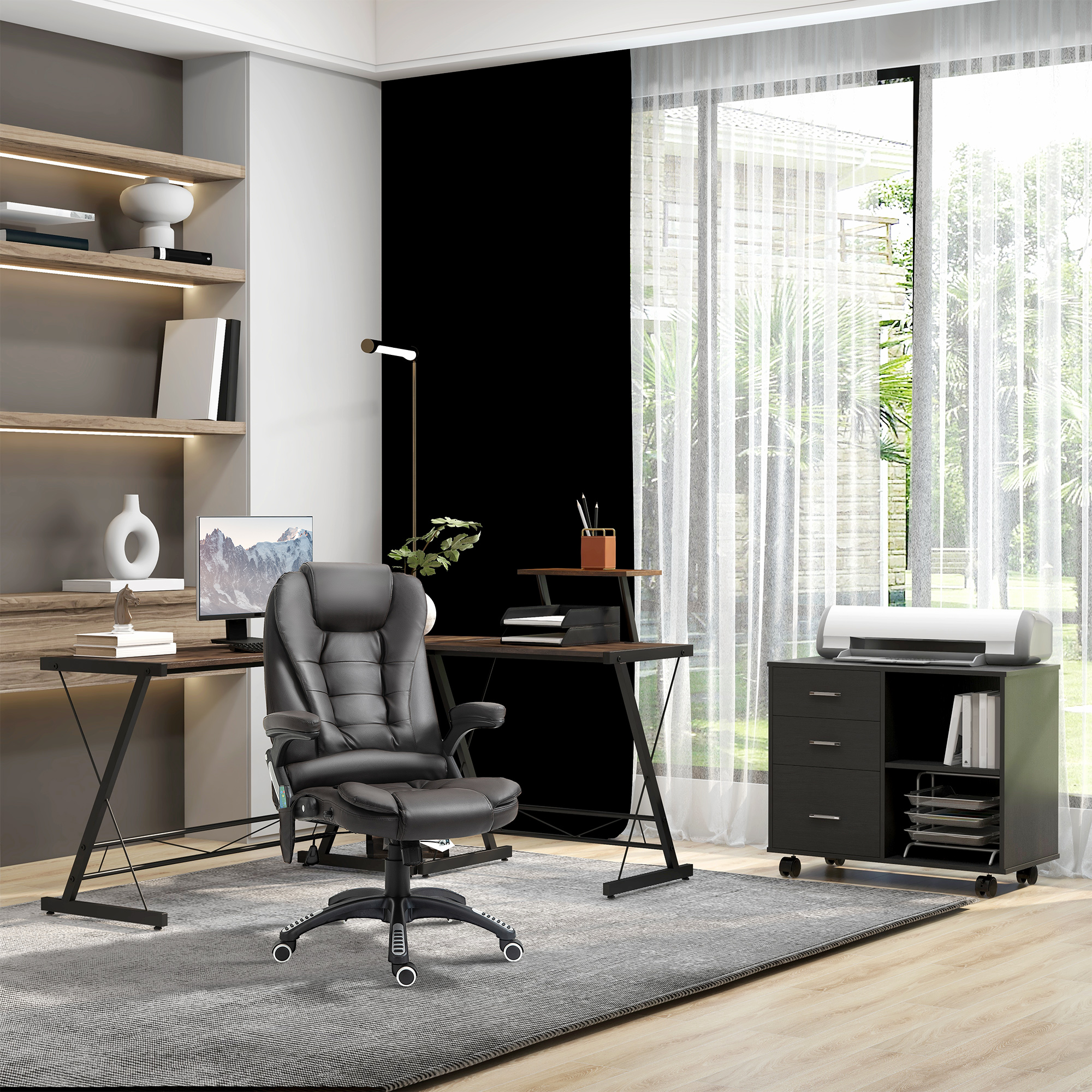 Meuble Imprimante Roulant HOMCOM - 4 Roues, 3 Tiroirs, 2 étagères - 80x40x65,5 Cm, Marron/noir - Avec Prises USB Et Trous Câbles