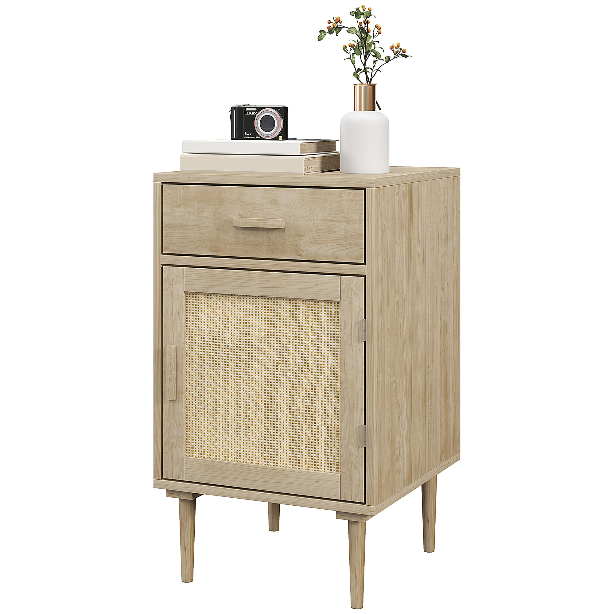 HOMCOM Table de chevet avec placard et étagère porte rotin tissé 1 tiroir design bohème - 40 x 40 x 68,5 cm naturel