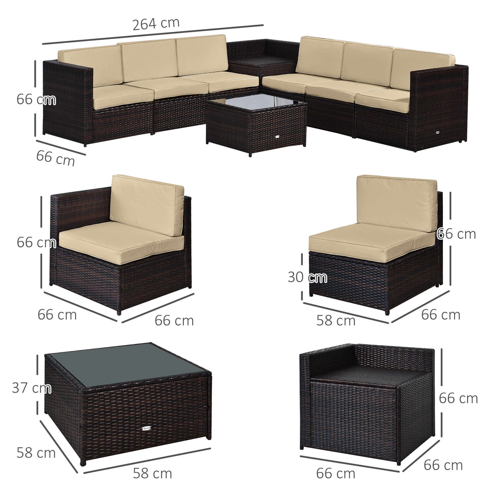 Outsunny 6-Seater Rattan Sofa Furniture Set W/Cushions, Steel Frame-Brown 3