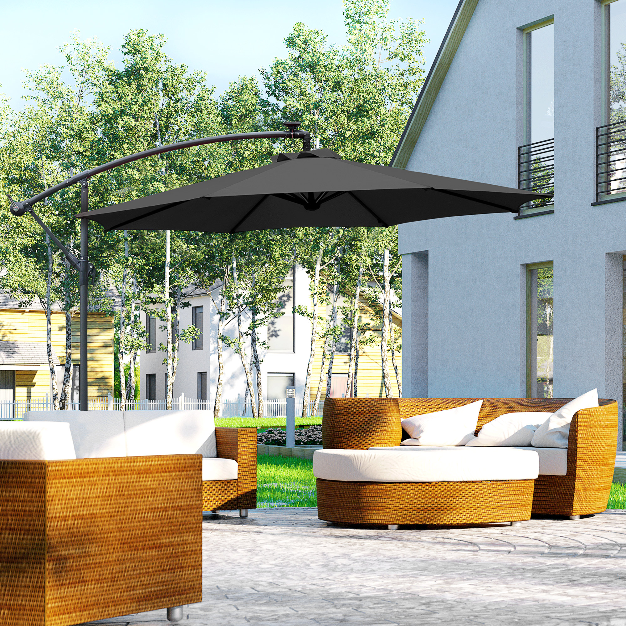 Outsunny 3m LED Patio Banana Umbrella Cantilever Parasol w/ Crank Cross Base Hanging Offset Umbrella Frame Steel  Aluminium Garden Table Outdoor Black 2