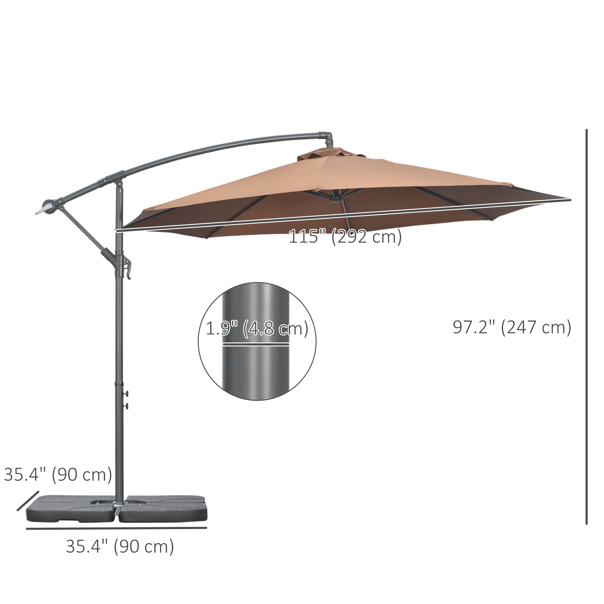 Outsunny 3(m) Garden Banana Parasol Cantilever Umbrella with Crank Handle, Cross Base, Weights and Cover for Outdoor, Hanging Sun Shade, Coffee 3