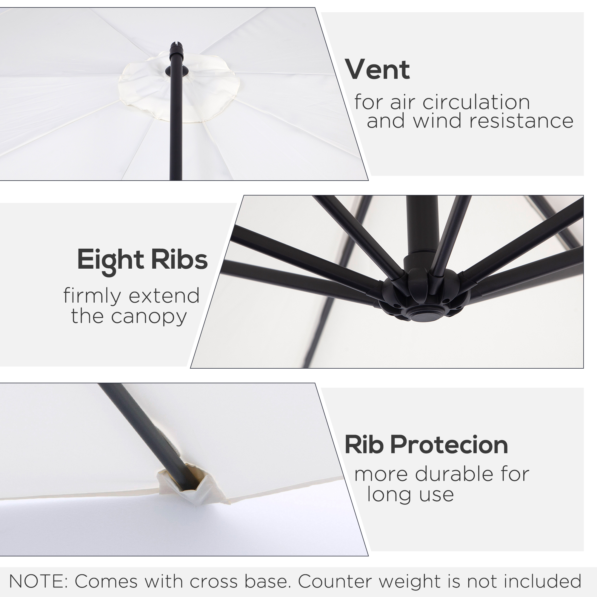 Outsunny 3m Banana Umbrella Parasol, Offset Cantilever Parasol Umbrella with Cross Base, Cream White 5