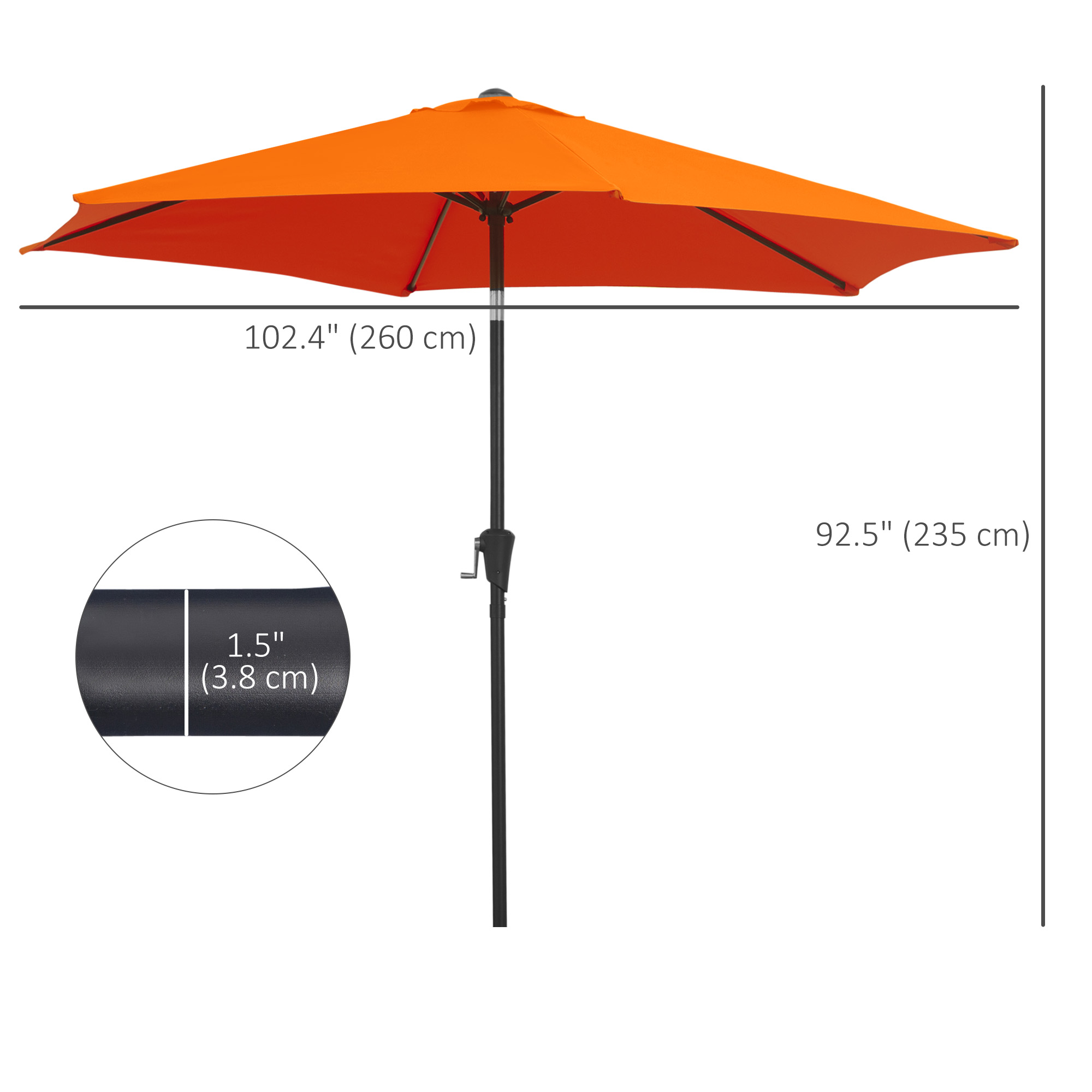 Outsunny 2.6M Garden Parasol Umbrella with Tilt and Crank, Outdoor Sun Parasol Sunshade Shelter with Aluminium Frame, Orange 3