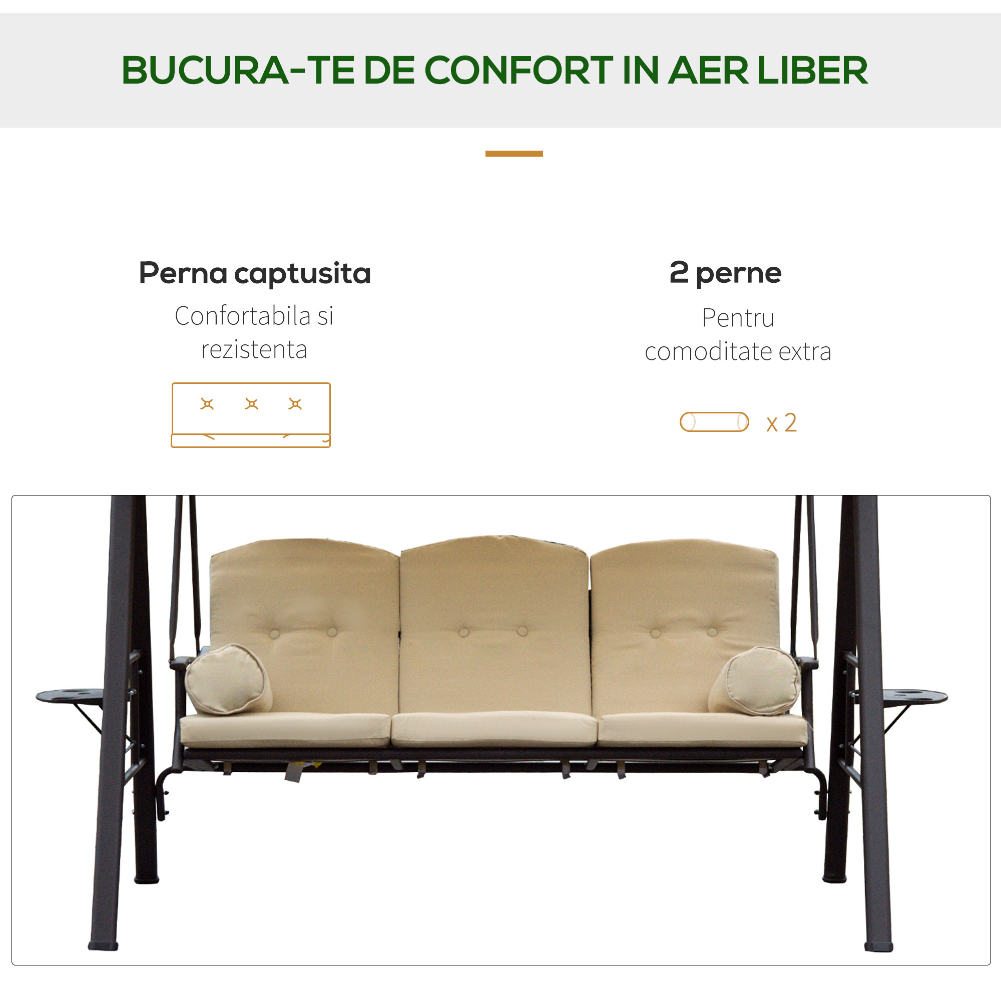  sezlong de Gradina cu 3 Locuri cu Acoperis Basculant si Perne Captusite [5]