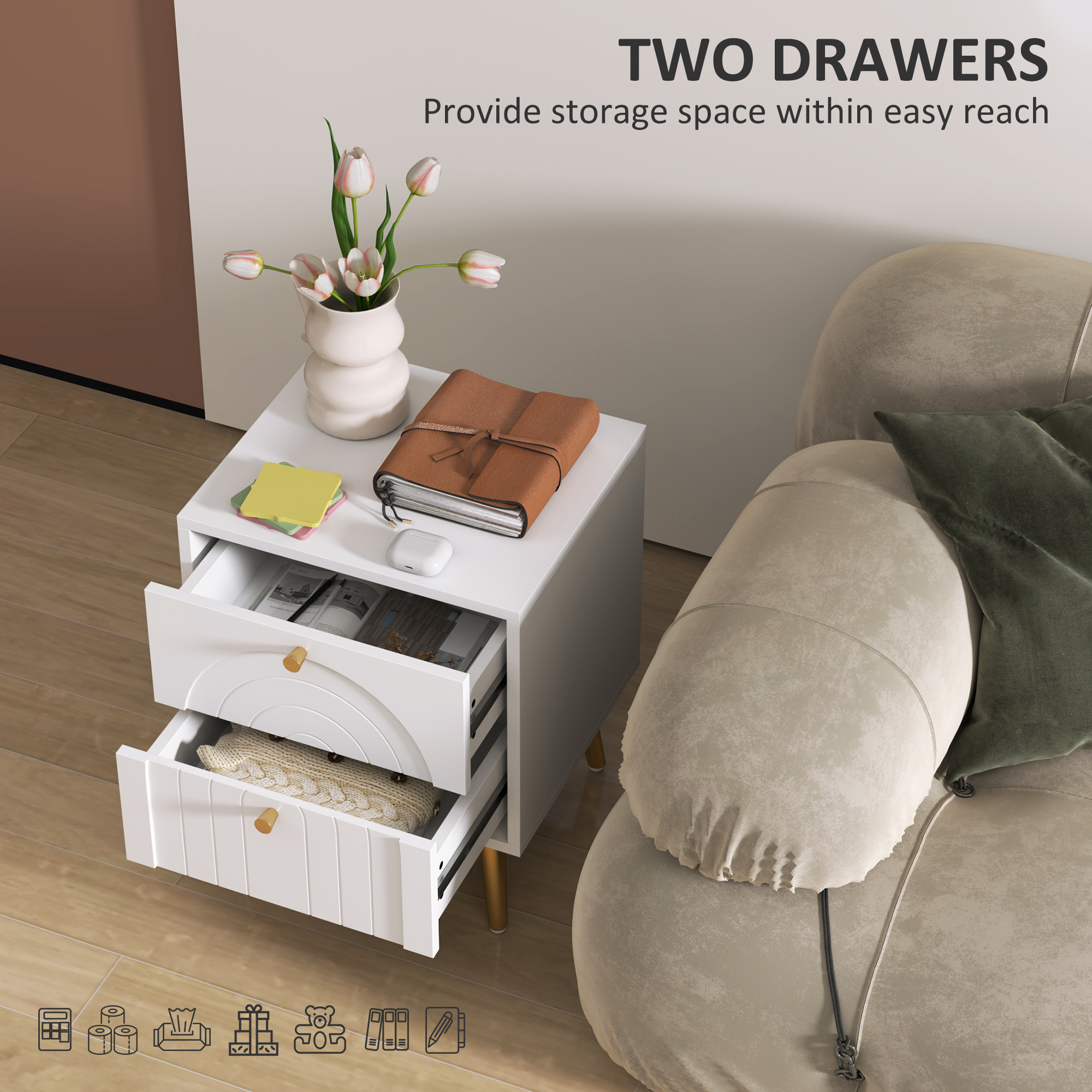 HOMCOM 2-Drawer Bedside Table Set of 2 White 5