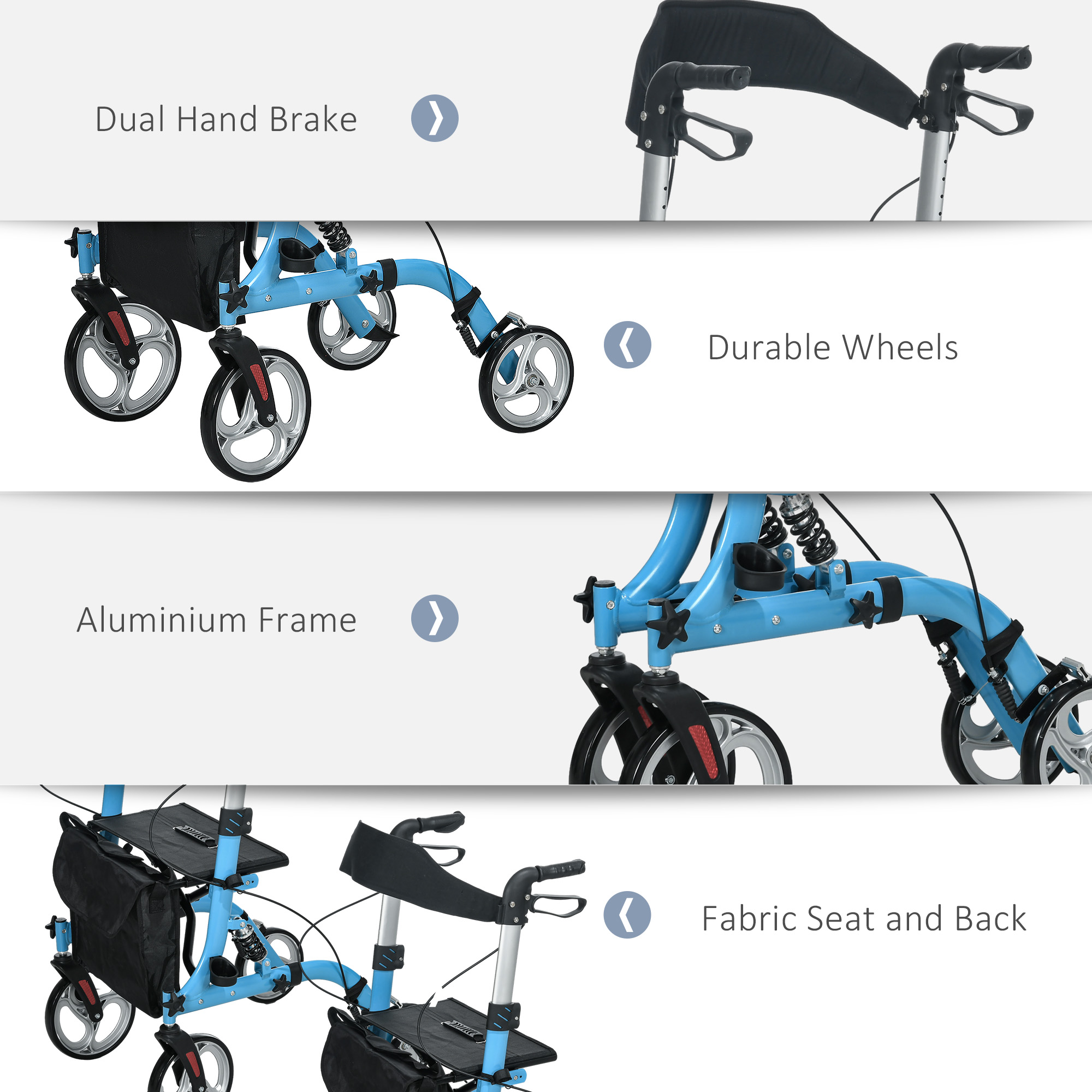 HOMCOM 4 Wheel Rollator with Seat and Back, Lightweight Folding Mobility Walker with Large Wheels, Carry Bag, Adjustable Height, Aluminium Walking Frame with Dual Brakes for Seniors, Blue 6