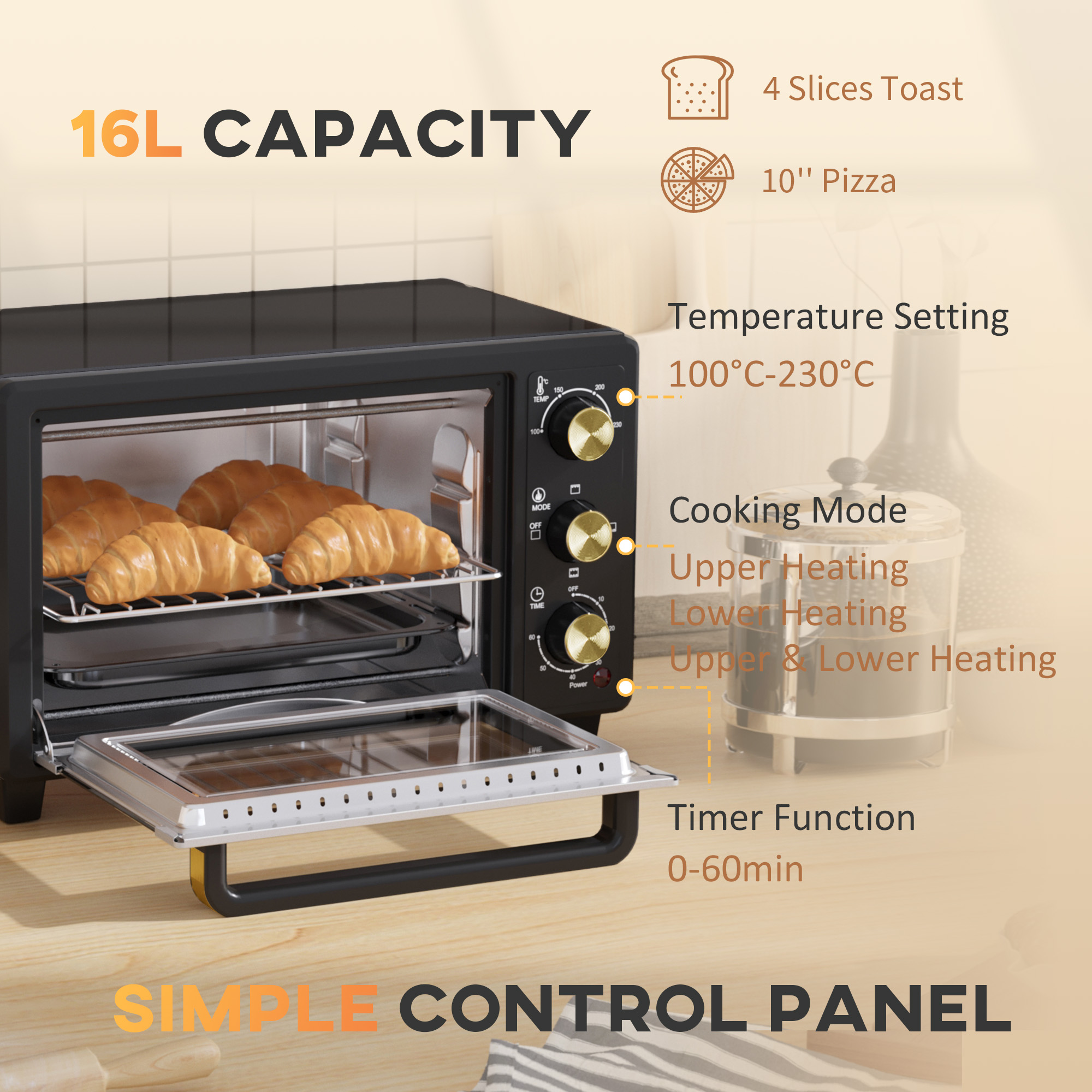 HOMCOM 16L Mini 1400W Countertop Oven Black 5