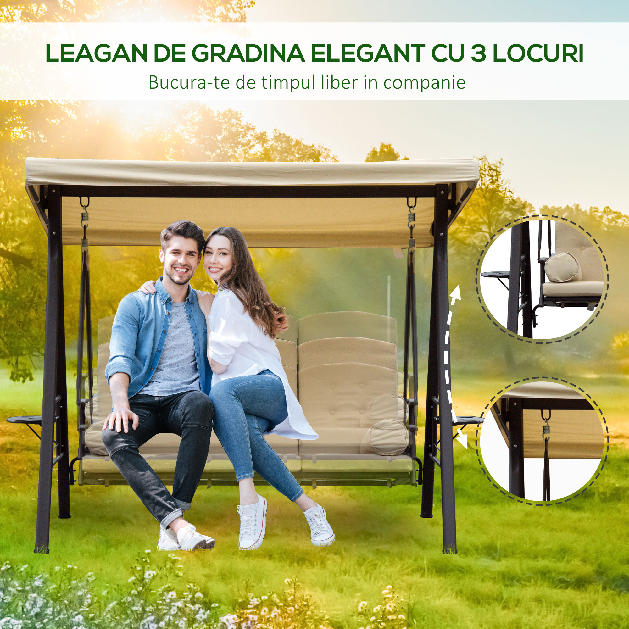  sezlong de Gradina cu 3 Locuri cu Acoperis Basculant si Perne Captusite [6]