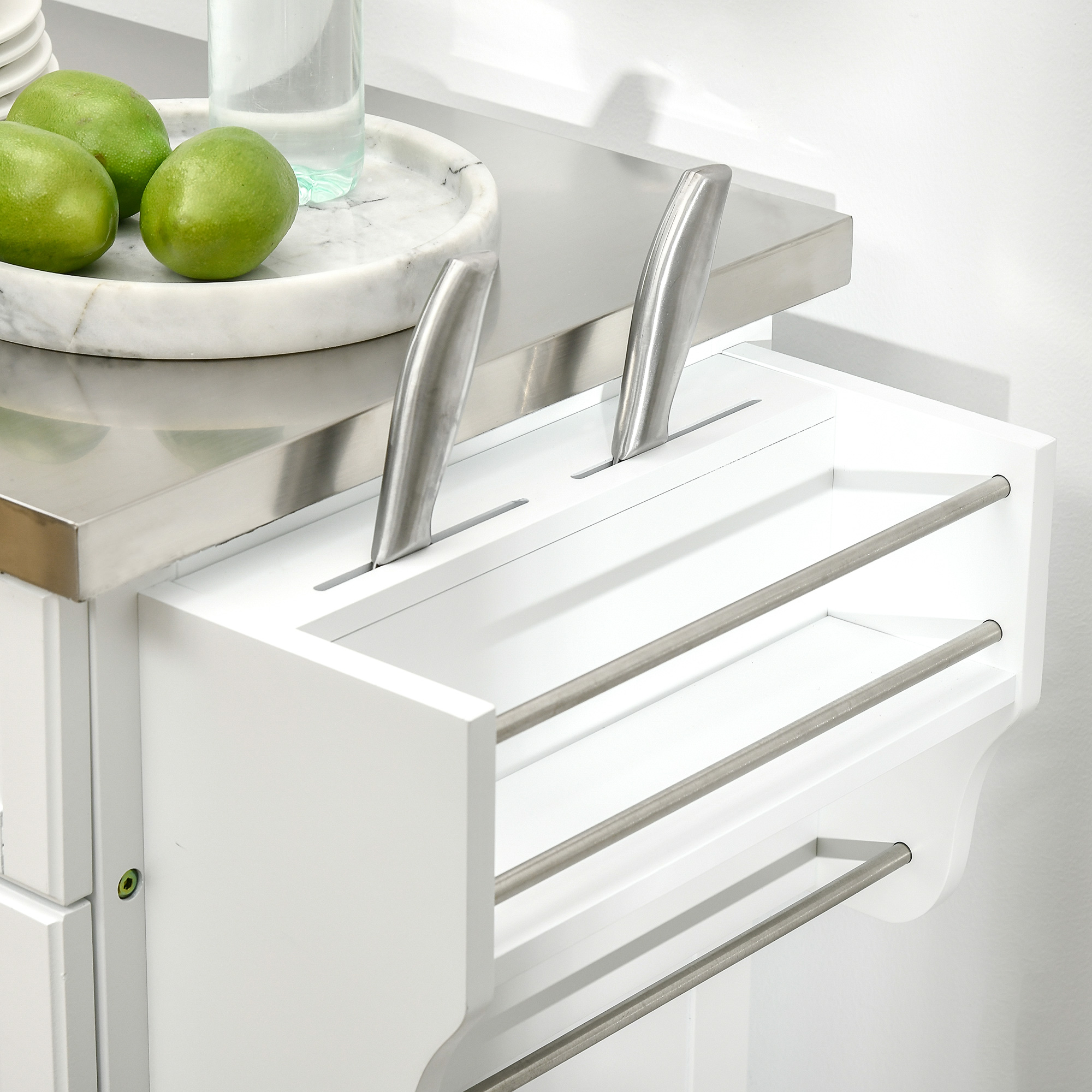 HOMCOM Wooden Kitchen Island on Wheels, Serving Cart Storage Trolley with Stainless Steel Top, Drawer, Side Handle and Rack, White 8